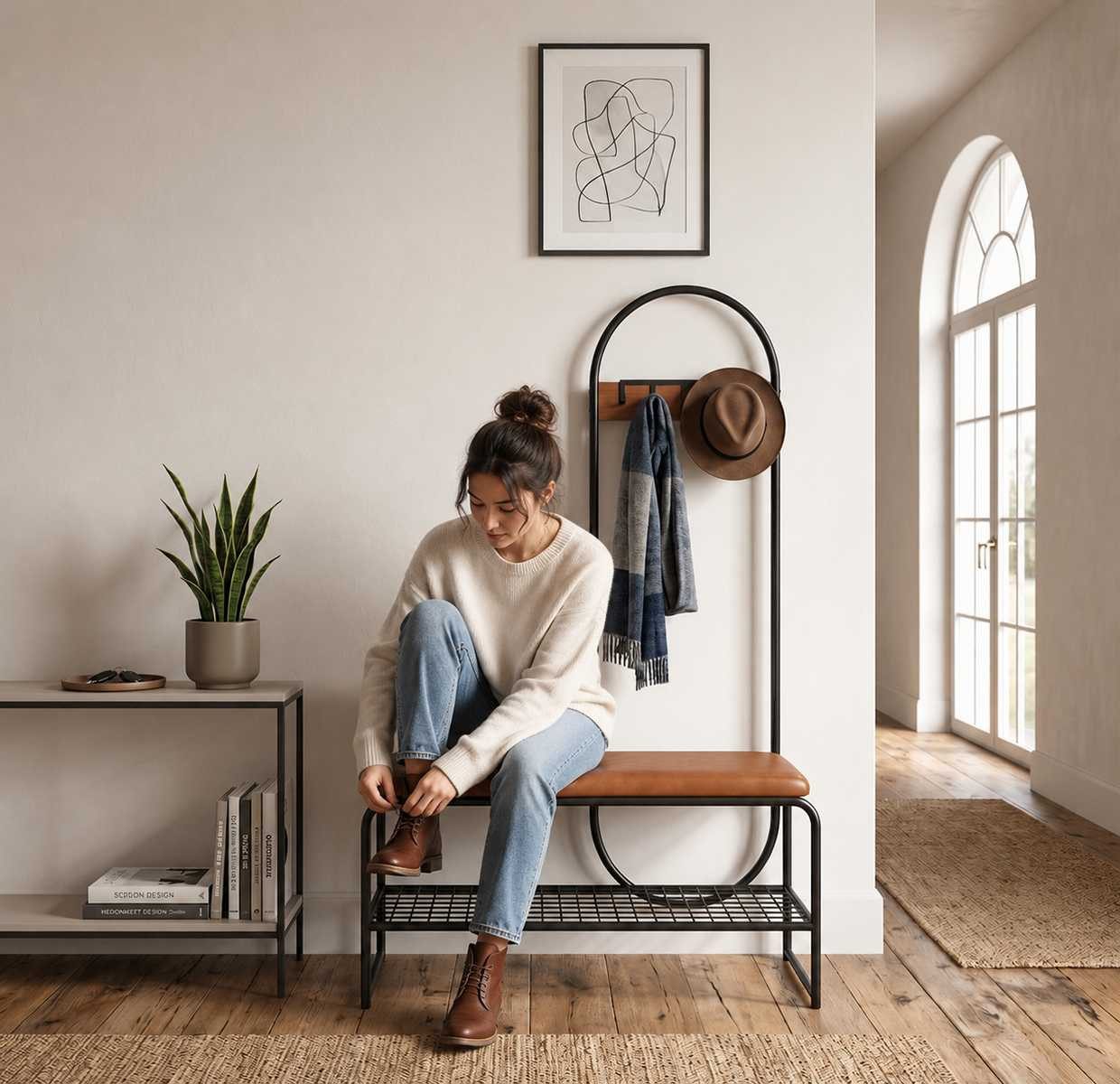 JVmoebel Garderobenständer Garderobenbank Metall Bank Haken Ablage Flur modern Design Sitz, Made in Europa