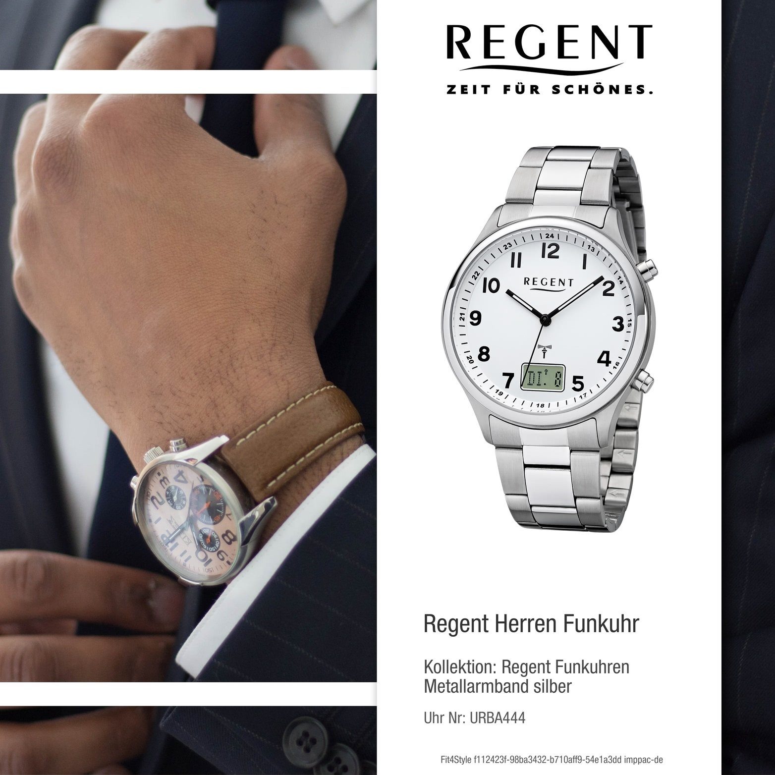 silber, Gehäuse, (ca. rundes groß Herren Uhr Metallarmband Regent Regent Funkuhr BA-444, Herrenuhr 40mm) Metall