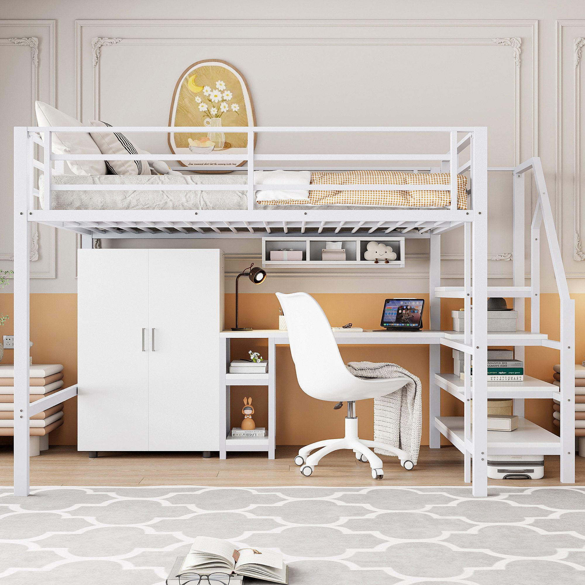 REDOM Hochbett Funktionsbett,Einzelbett,Jugendbett,Kinderbett (Hochbett 140x200 cm mit Kleiderschrank, Schreibtisch & Stauraumleiter Multifunktionale Ablage für Kinderzimmer) ohne Matratze