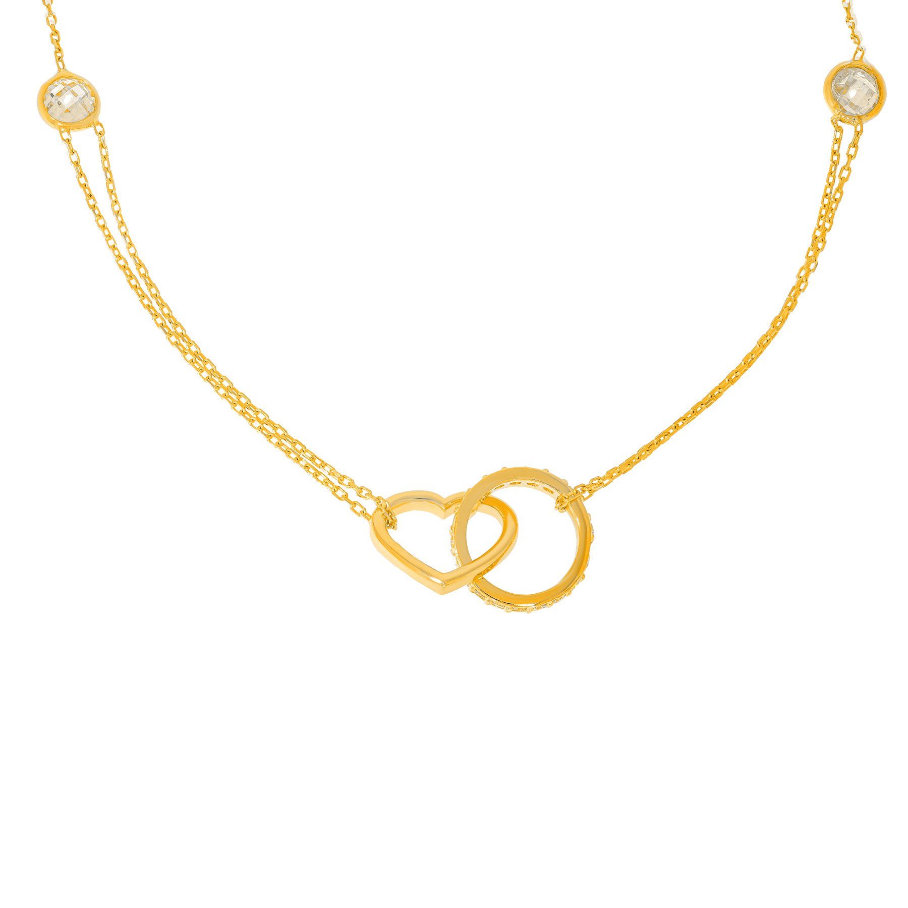 Stella-Jewellery Collier 585 Gold Collierkette Kreis Herz Anhänger Zirkonia (inkl. Etui), 585 Gelbgold 7 Plättchen