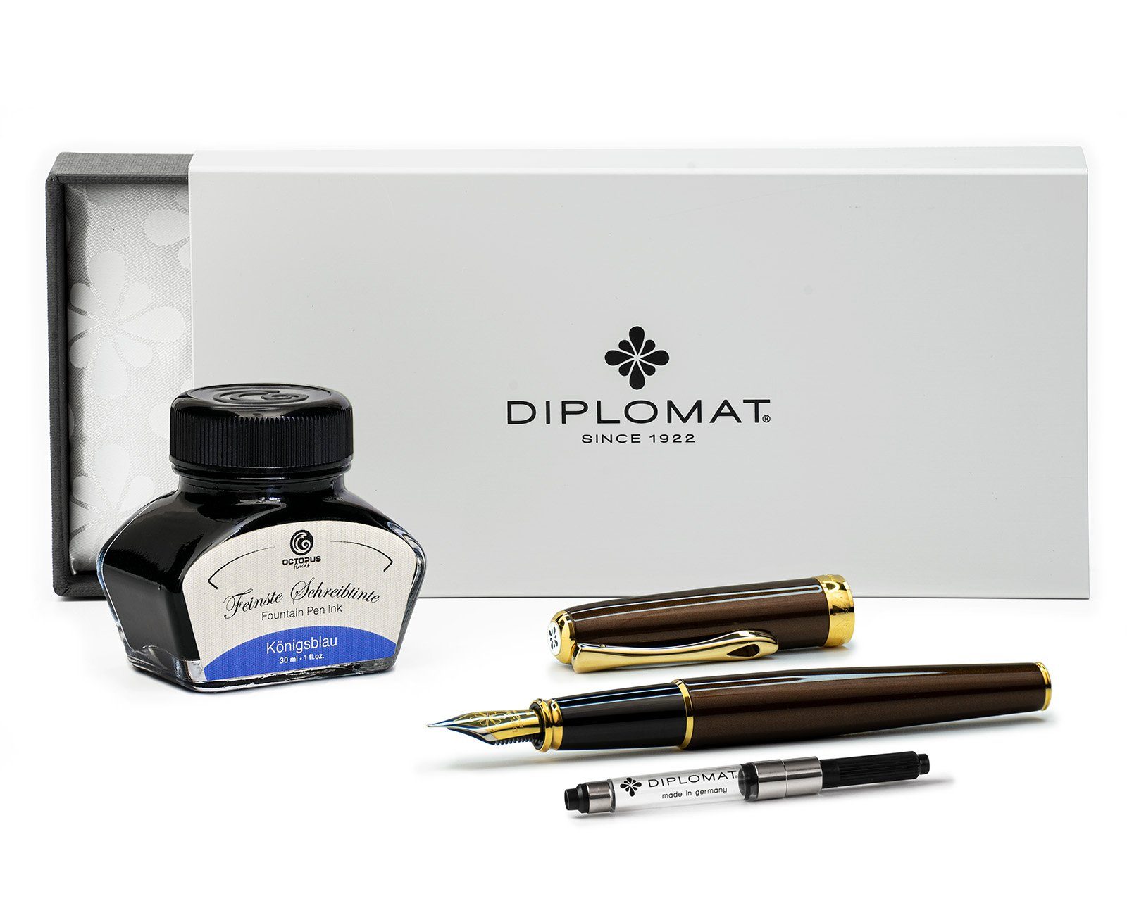 DIPLOMAT Füllhalter Excellence MADE (Spar-Set mit Tintenkonverter Octopus Marrakesh IN und Schreibtinte, GERMANY Fluids), vergoldet Schreibtinte mit A2 Königsblau von
