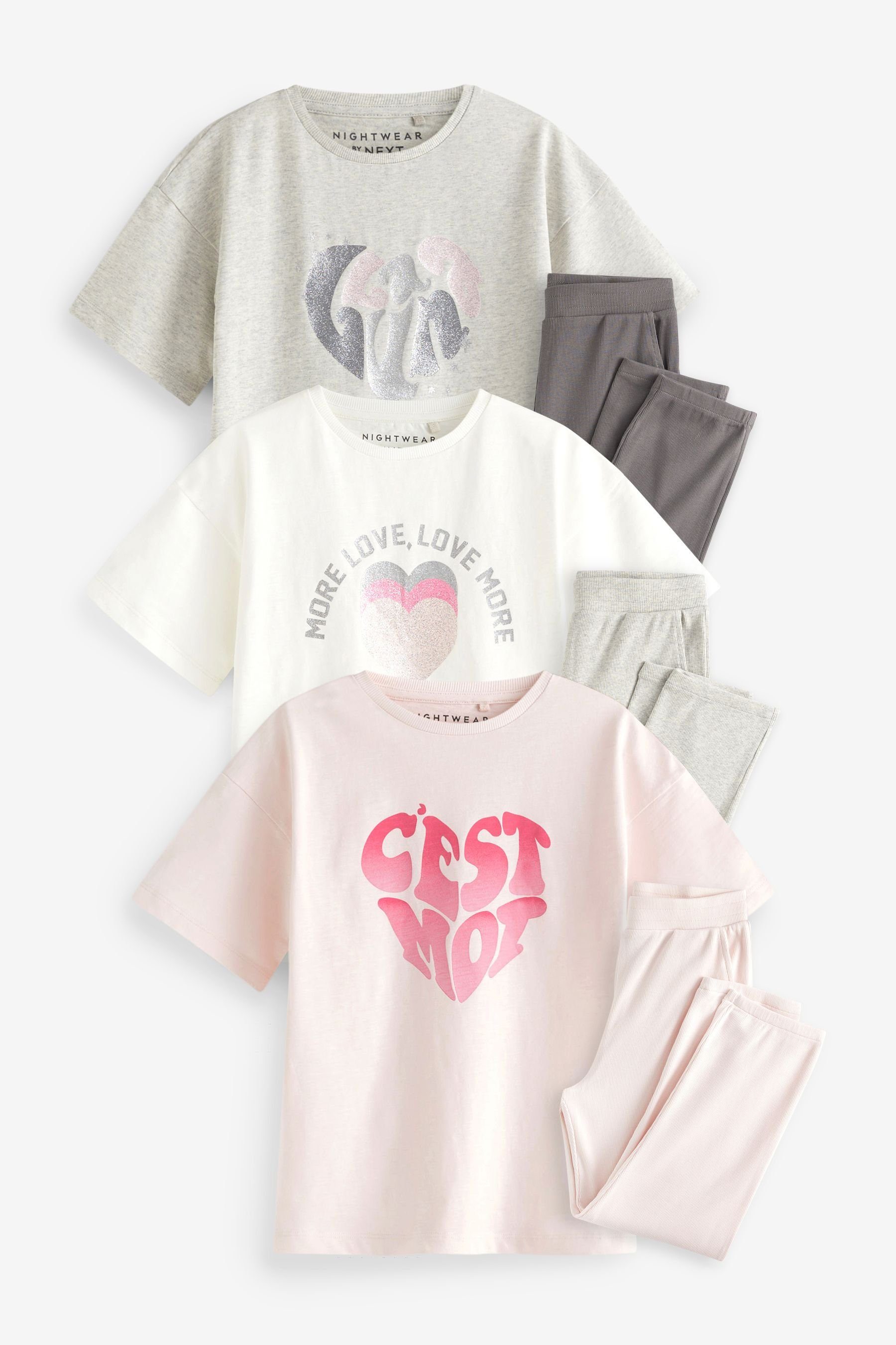 Next Pyjama 3er-Pack Schlafanzug mit Slogan und Jogginghose (6 tlg)