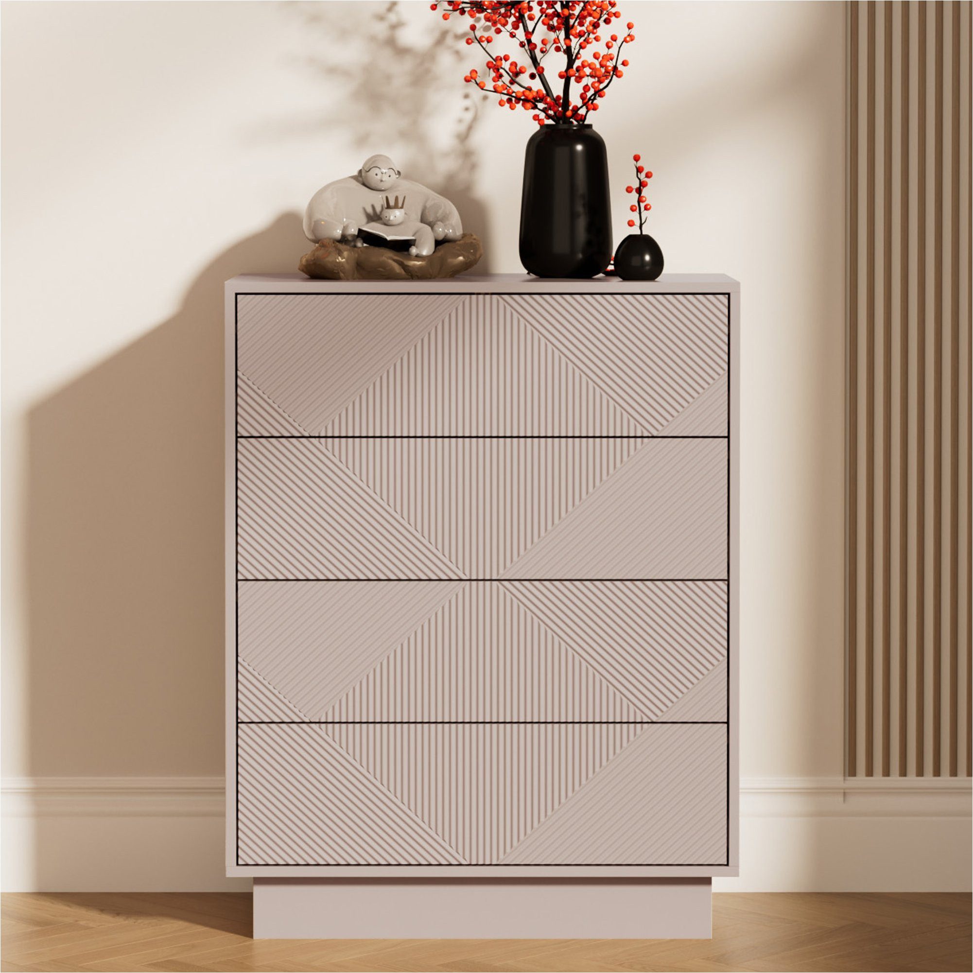 UEV Kommode mit 4 Schublanden, Sideboard, Schubladenschrank Schmal, 60x33,5x77,5cm (Sideboard für Wohnzimmer Schlafzimmer Büro Flur, Mehrzweckschrank aus Holz Beistellschrank allzweckschrank), Drucköffner/ Push to open Schubladen Aufbewahrungskommode