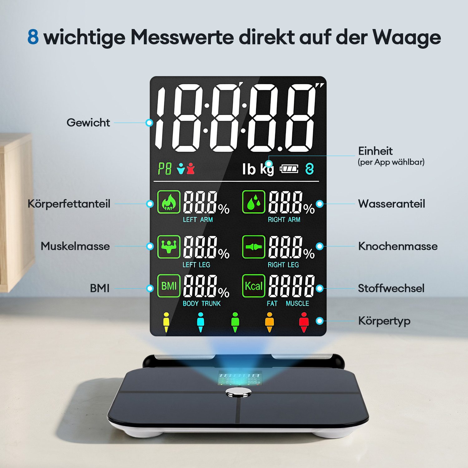 CkeyiN Pro Körper-Analyse-Waage Körperfettwaage mit 8 Elektroden,Ganzkörperanalyse Waage,Personenwaage, mit 22 Körperparametern,Bluetooth App,180 kg/400 lbs, für 8 Nutzer, Großem Display,mit Körperfett und Muskelmasse,Protein, BMI