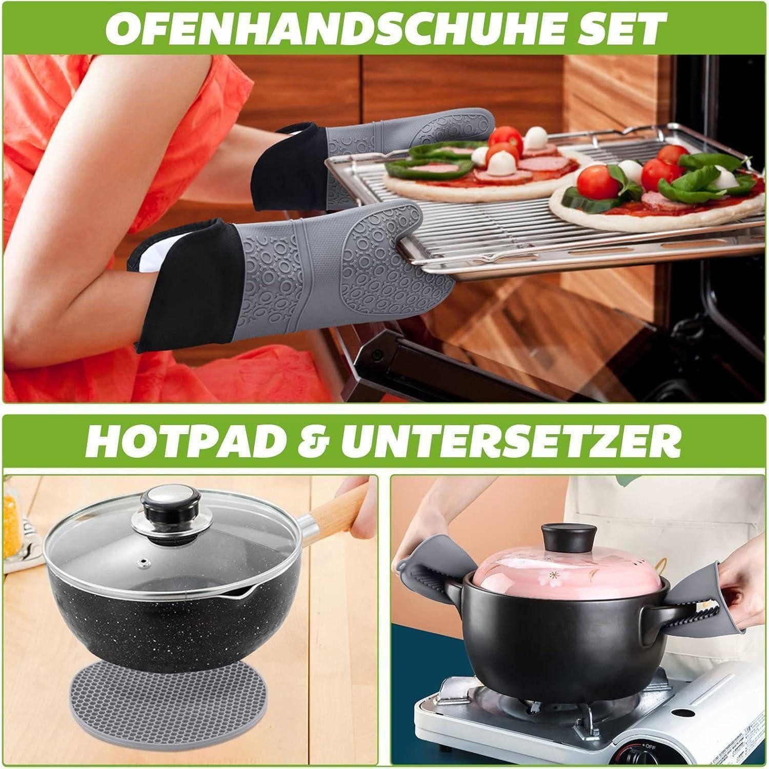 HAPPTWS Topfhandschuhe Küchenhandschuhe Silikon-Set hitzebeständig rutschfest