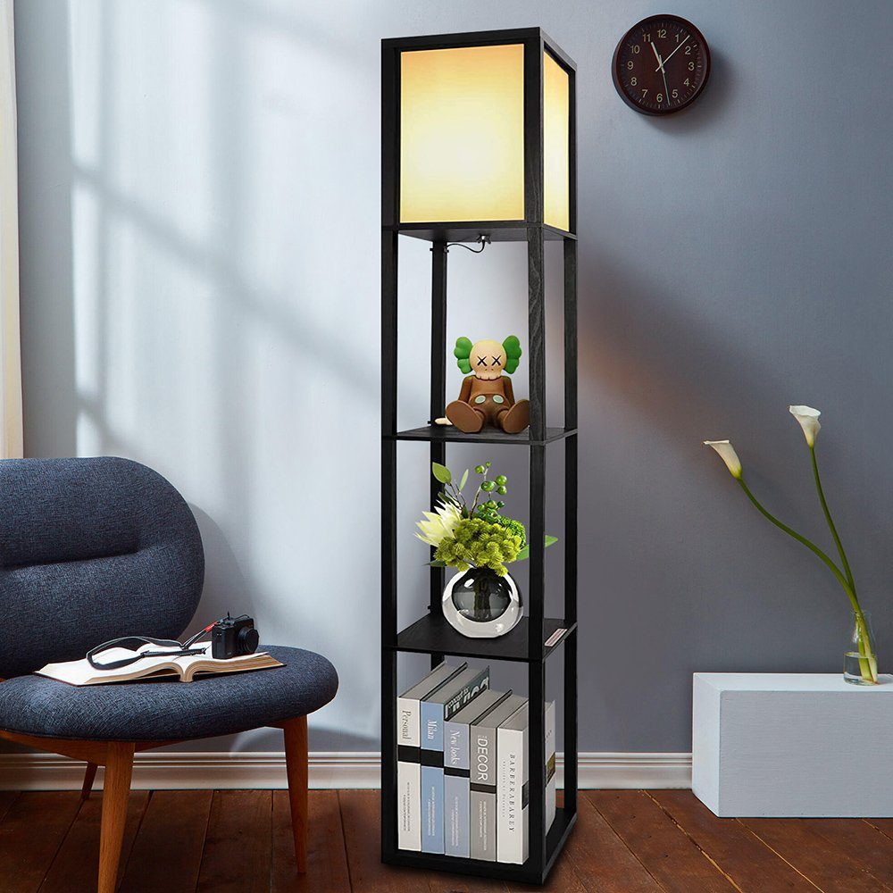 LED Stehlampe mit Regal aus Holz, Stehlampe Wohnzimmer, Moderne Stehleuchte
