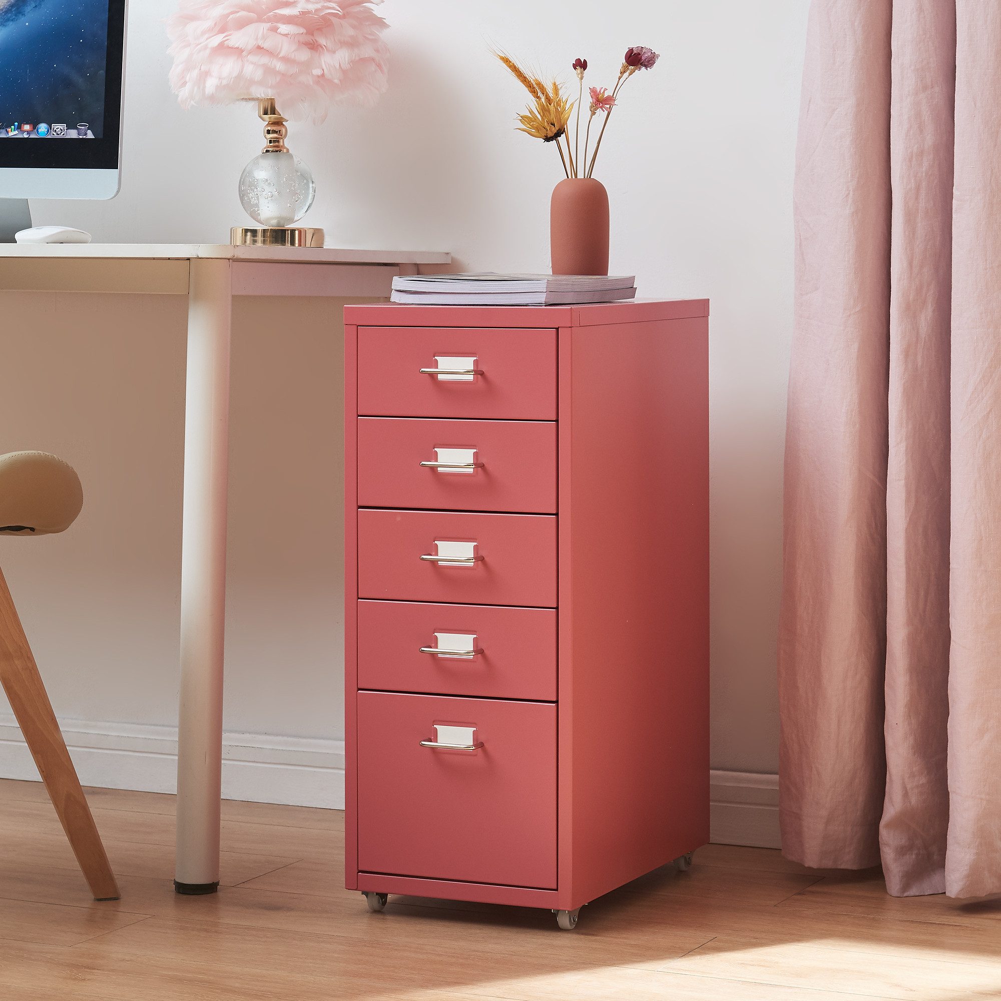 en.casa Rollcontainer, »Kökar« mit 5 Schubladen Bürowagen Wassermelonenrot günstig online kaufen