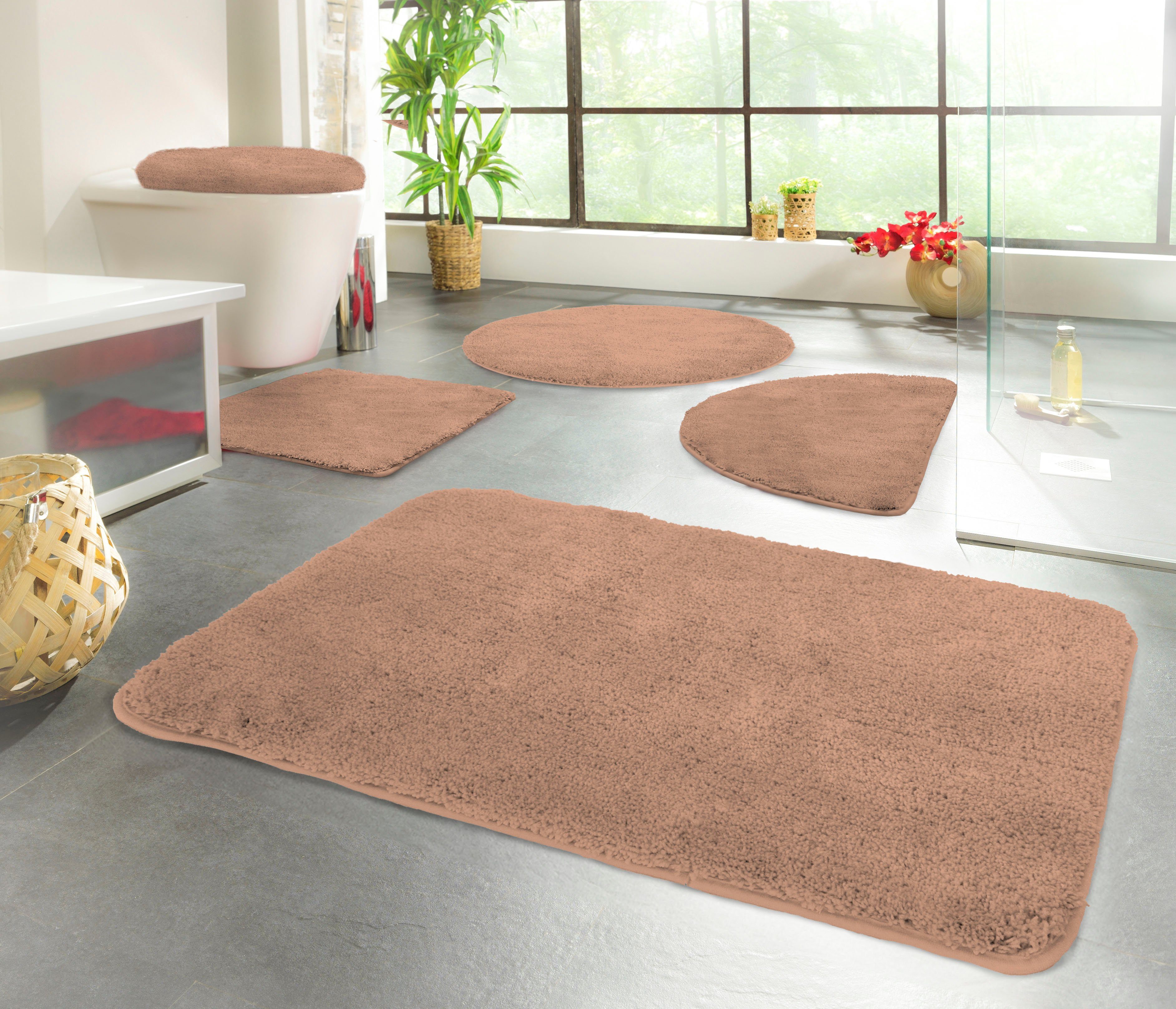 KiNZLER Badematte Chaozhou, Badvorleger, Badezimmer Teppich, Höhe 20 mm, rutschhemmend beschichtet, fußbodenheizungsgeeignet, Polyester, rechteckig, Badteppich, Uni Farben, weich, als rechteckig, rund & Set erhältlich