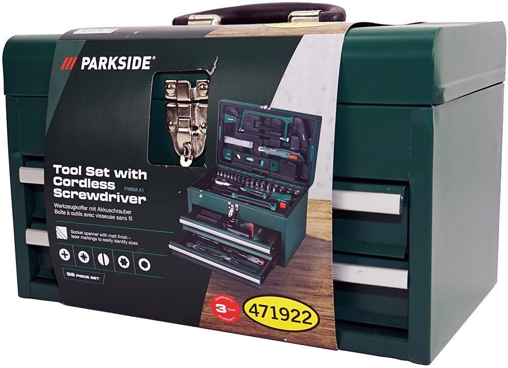 Parkside Werkzeugset Werkzeugkiste mit Akkuschrauber 92teilig PWBM A1 Metallkoffer, inkl. Akkuschrauber – Bild 5 von 5