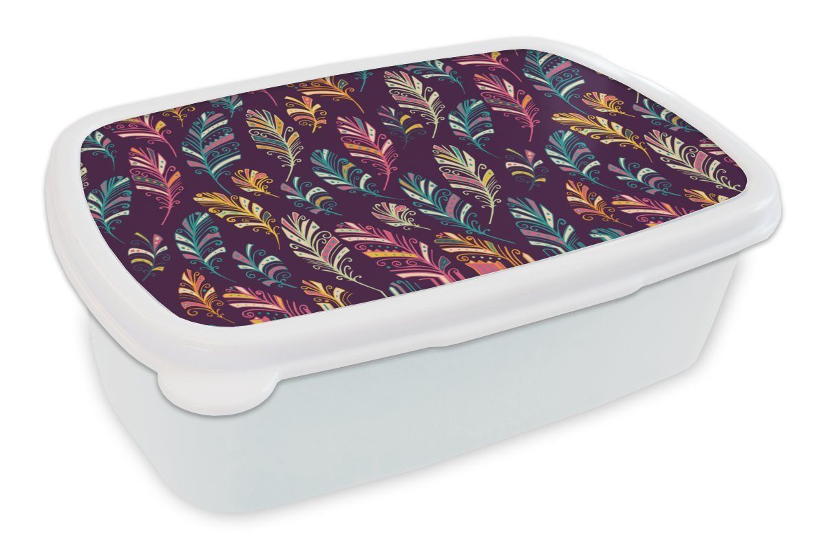 MuchoWow Lunchbox Puber - Federn - Boho - Muster, Kunststoff, (2-tlg), Brotbox für Kinder und Erwachsene, Brotdose, für Jungs und Mädchen weiß