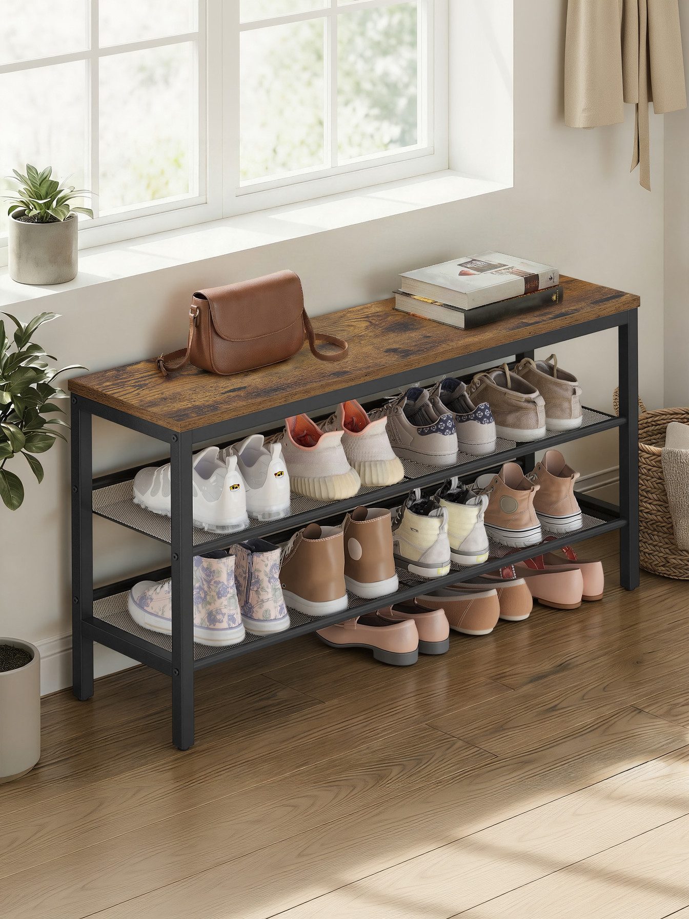 VASAGLE Schuhbank Schuhregal mit 3 Ebenen, Schuhablage im einteiligen Design, Industrie-Stil, einfache Montage, 28 x 100 x 50 cm