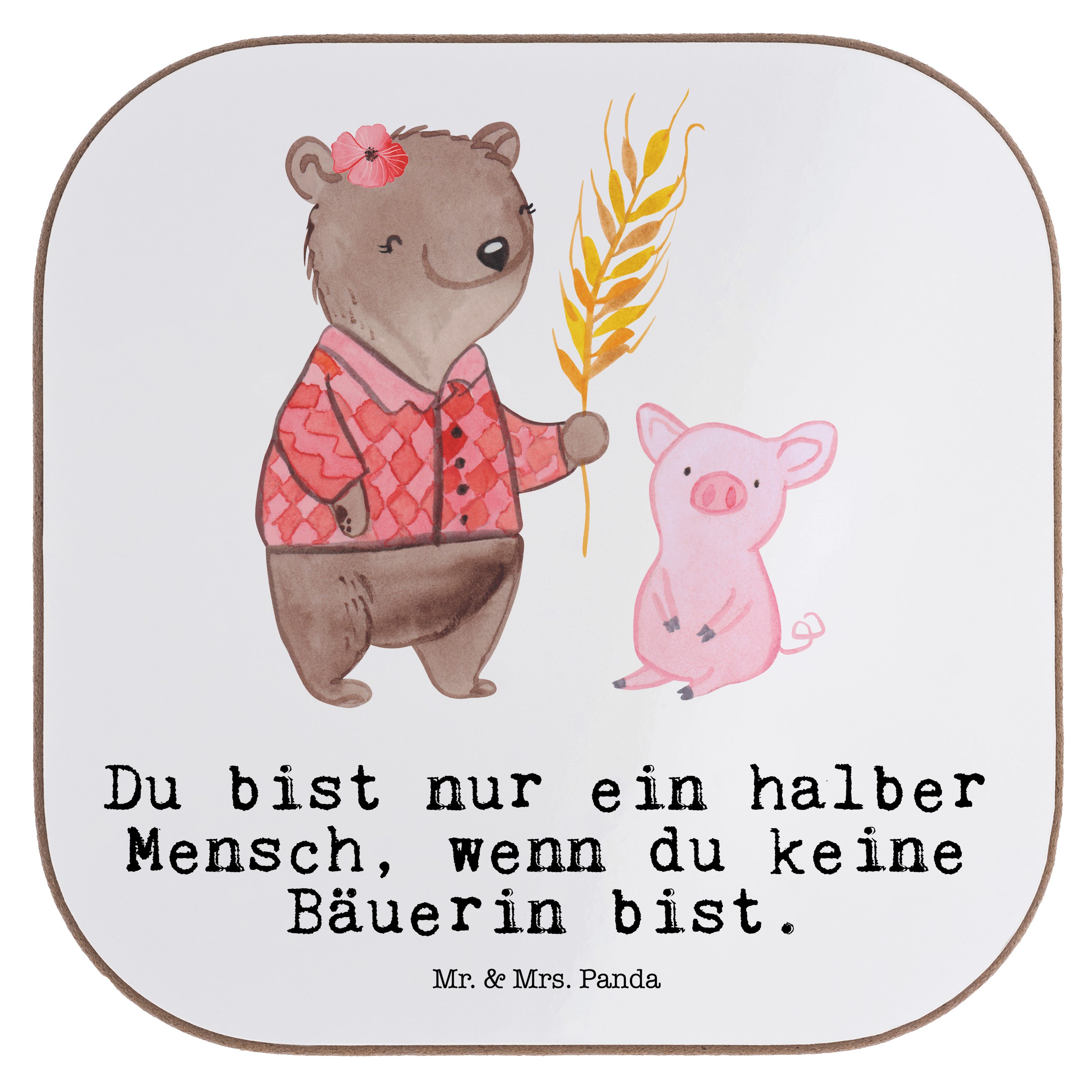 Mr. & Mrs. Panda Getränkeuntersetzer Bäuerin mit Herz - Weiß - Geschenk, Untersetzer Gläser, Bauernhof, Bi, 1-tlg.