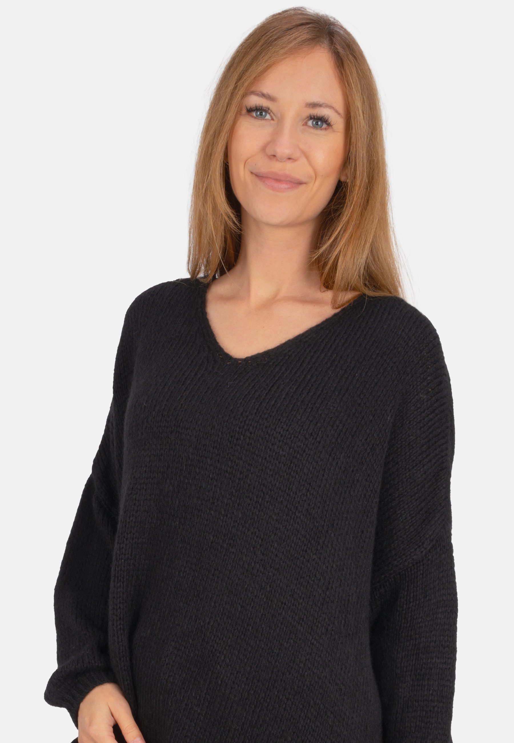 April geschnittener V-Ausschnitt-Pullover oversized Asymmetrisch, mit Schwarz of seitlichem Schlitz Pullover Rica Seasons