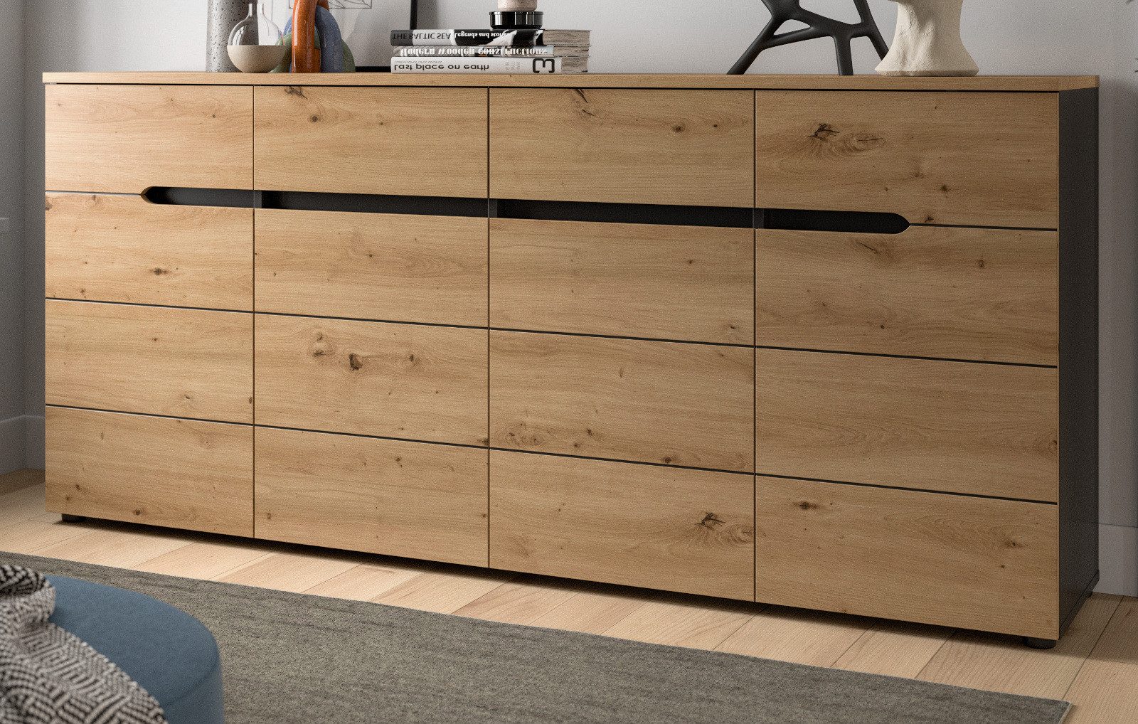 Inn.Furn Sideboard Cooper (Kommode in Eiche Artisan und Basalt Grau, 4-türig, 173 x 81 cm), mit Vollauszug und Soft-Close-Funktion