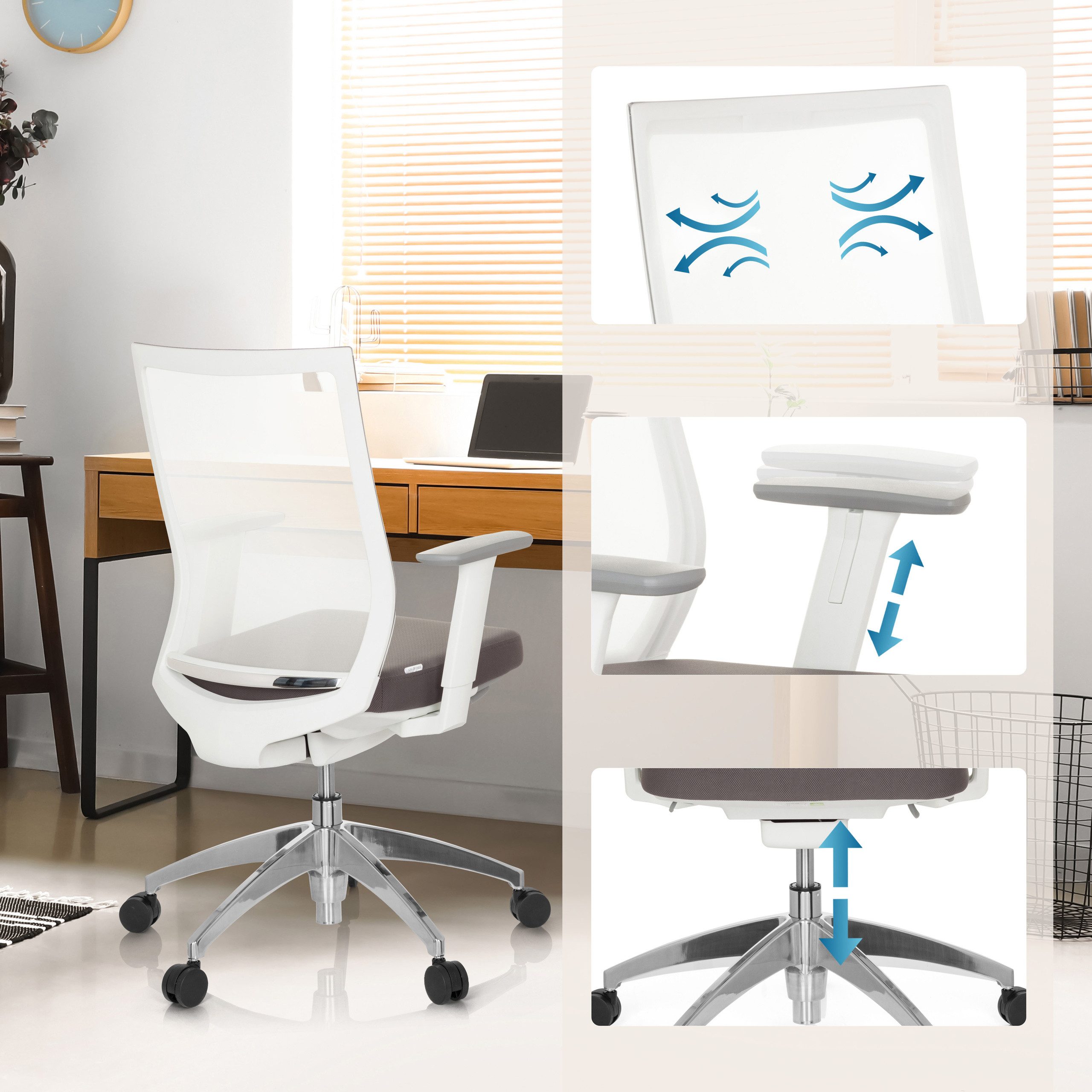 hjh OFFICE Drehstuhl Profi Bürostuhl Aspen White Stoff / Netzstoff (1 St), Ergonomischer Chefsessel, Schreibtischstuhl höhenverstellbar