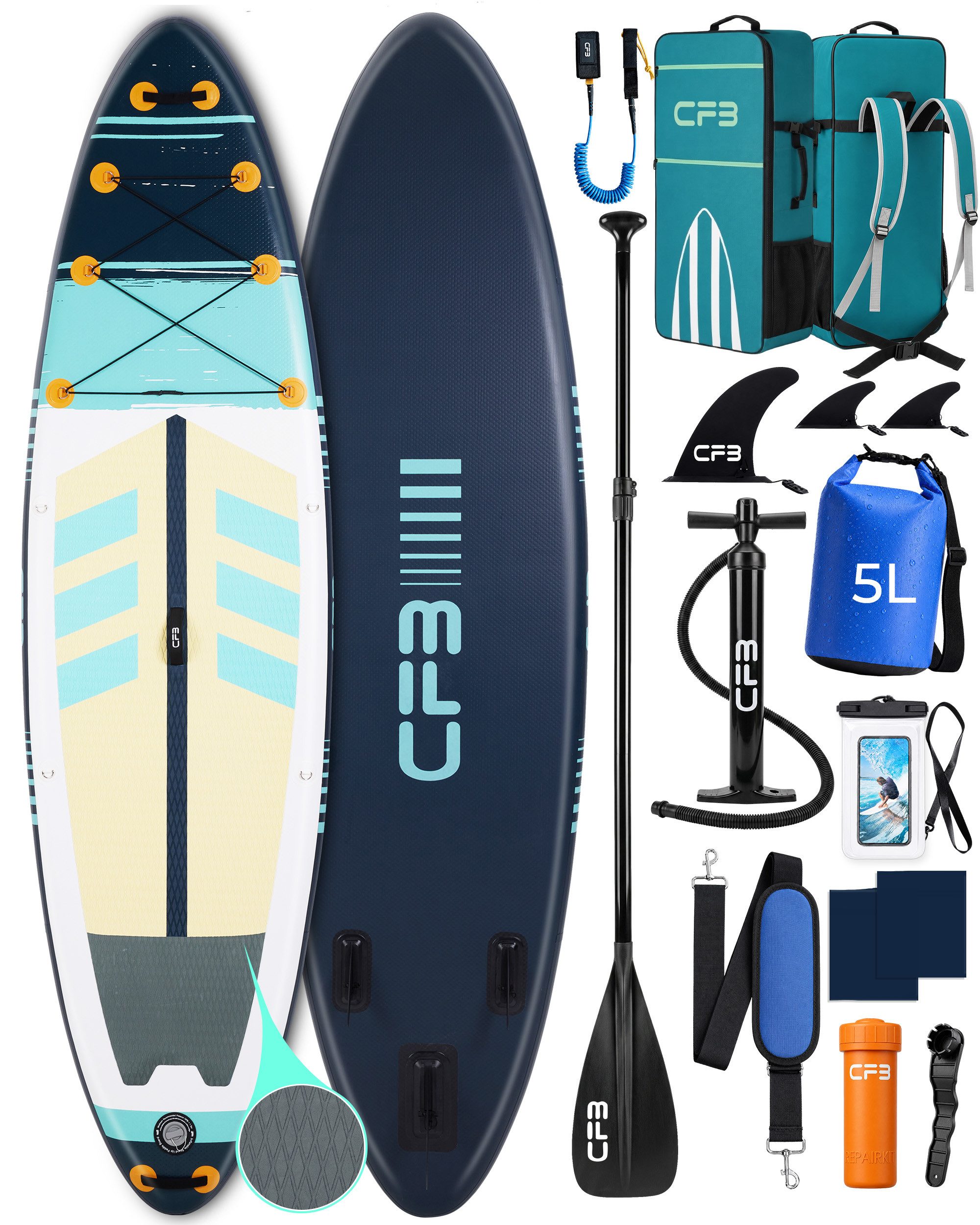 CFB SUP-Board Set 320x84x15 cm extra breit, 160 kg Traglast, aufblasbares Stand Up Paddle Board, (Komplett-Set, mit Paddel, Pumpe, Rucksack, 5L Dry Bag und Schultergurt), für Anfänger und Erwachsene