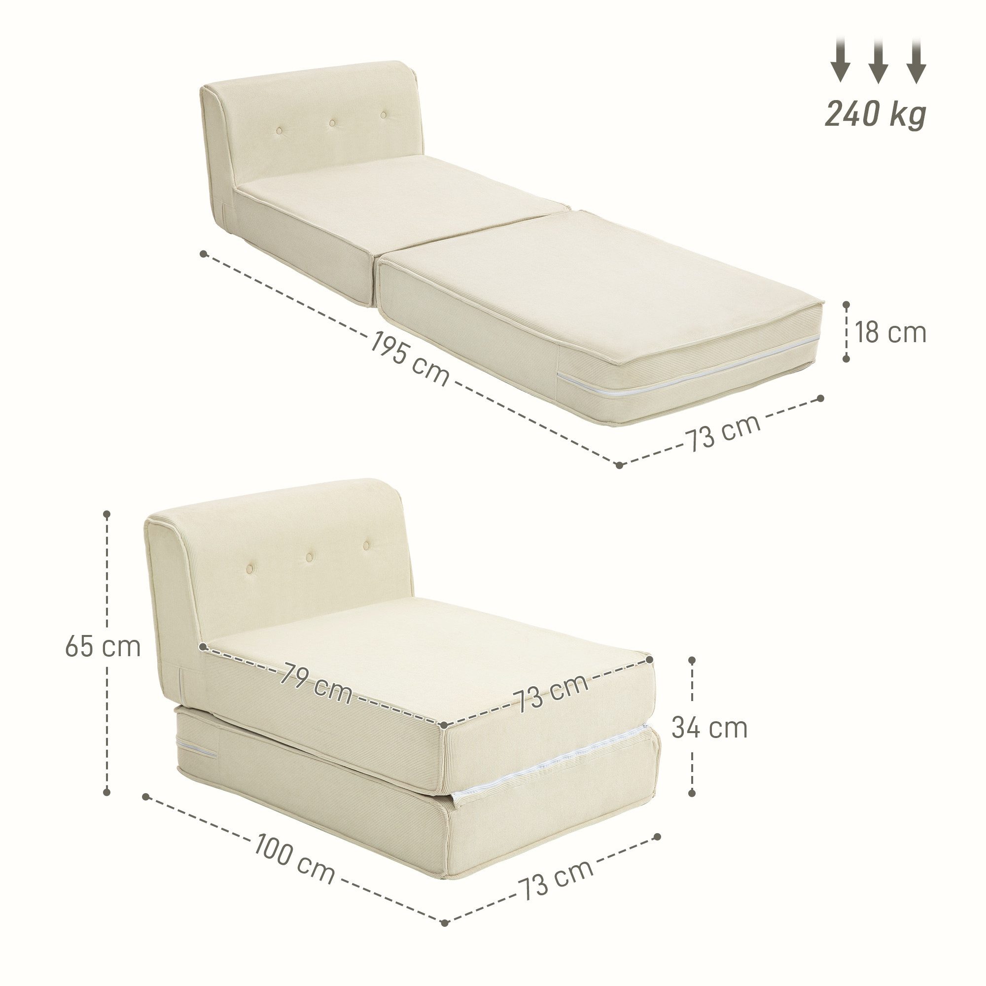HOMCOM Sitzkissen Klappsofa mit getufter Rückenlehne, wandelbare, ausklappbar, für Gast, Wohnzimmer, Büro, Reise, Cremeweiß