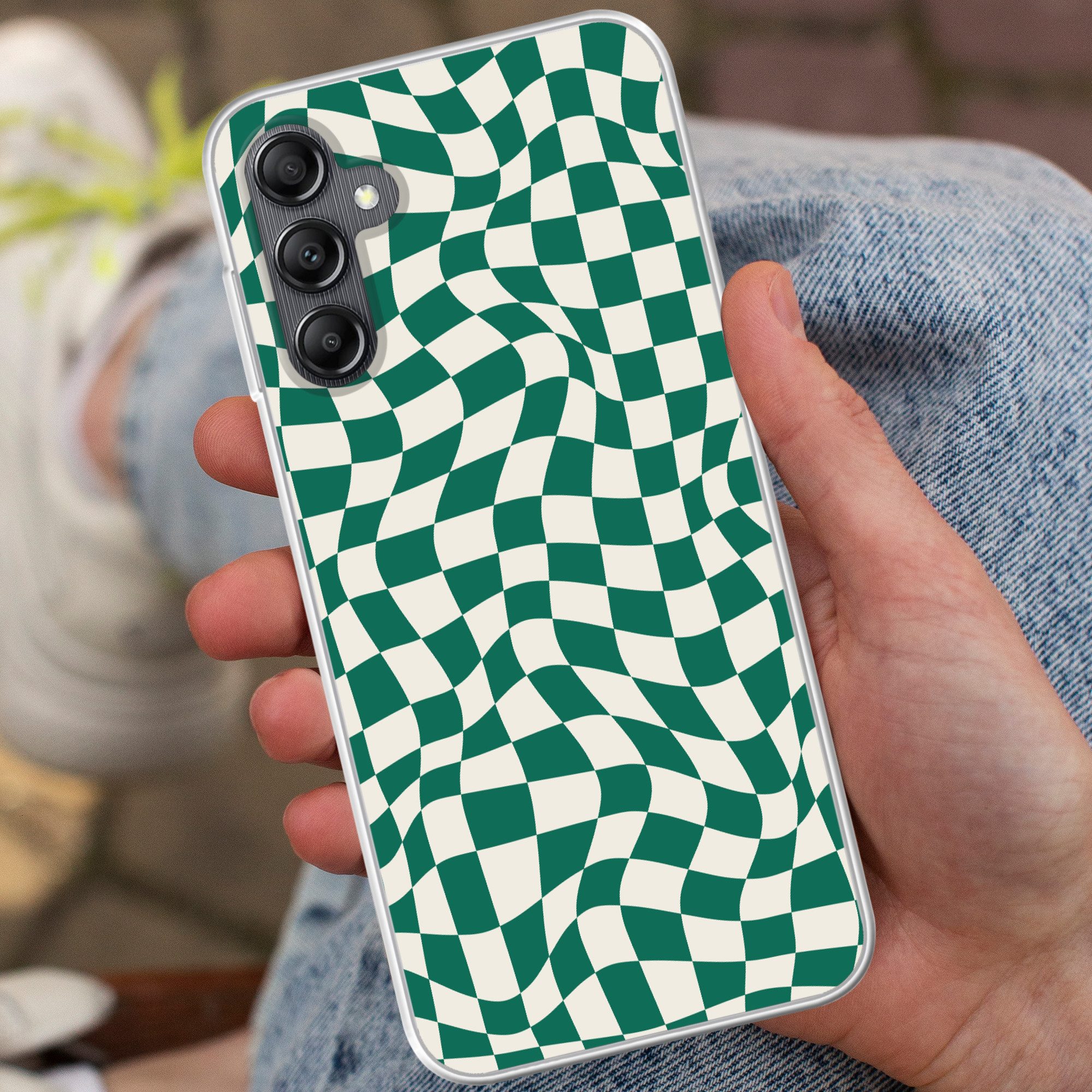 MuchoWow Handyhülle für Samsung Galaxy A14 5G Gewellte Boxen - Grün - Weiß - Abstrakt, Smartphone-Bumper, Print, Handy Schutzhülle Dünn