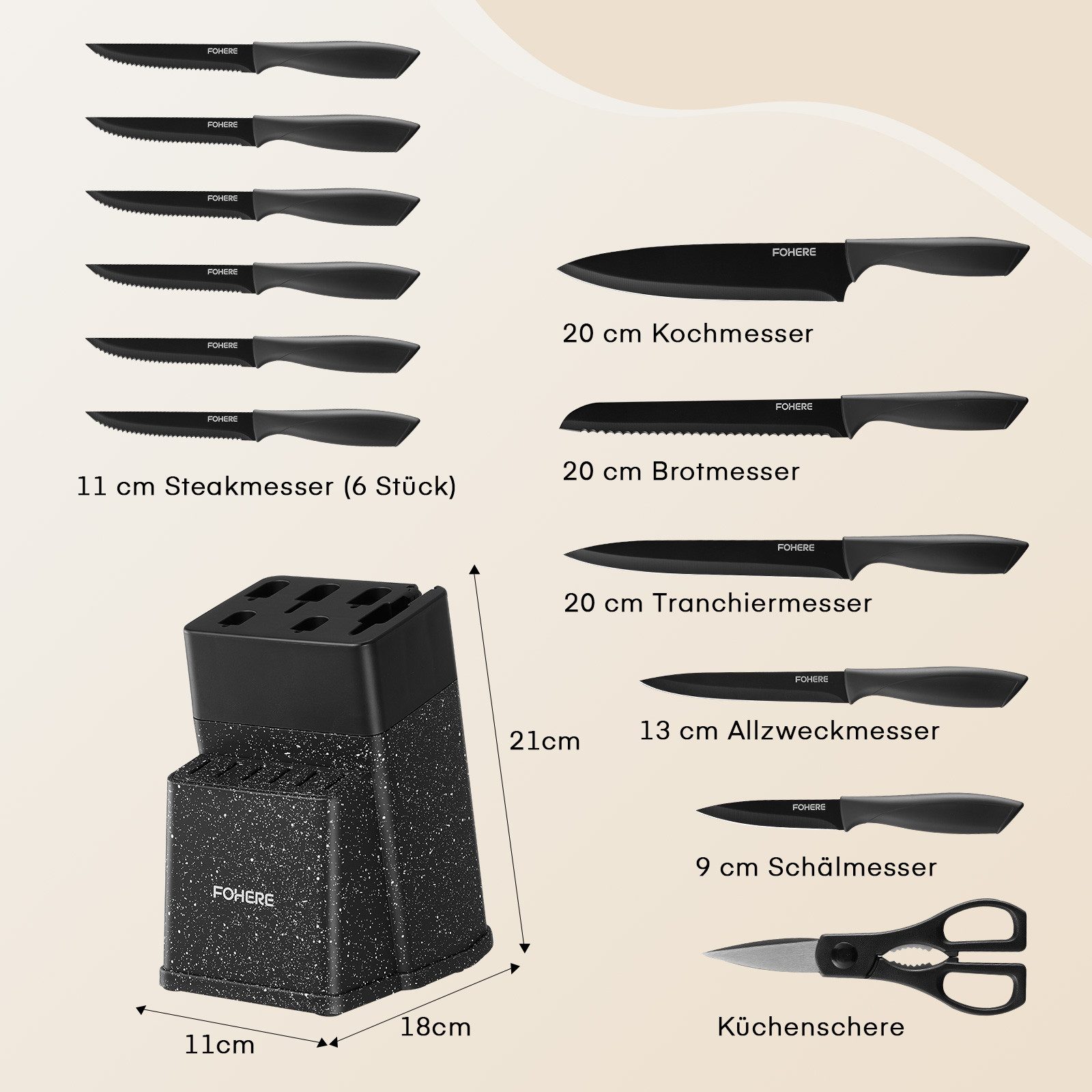 FOHERE Messer-Set aus hochwertigem Edelstahl, mit ergonomischen Griffen (13-tlg), Inkl. integriertem Schärfblock, spülmaschinenfest & rostfrei