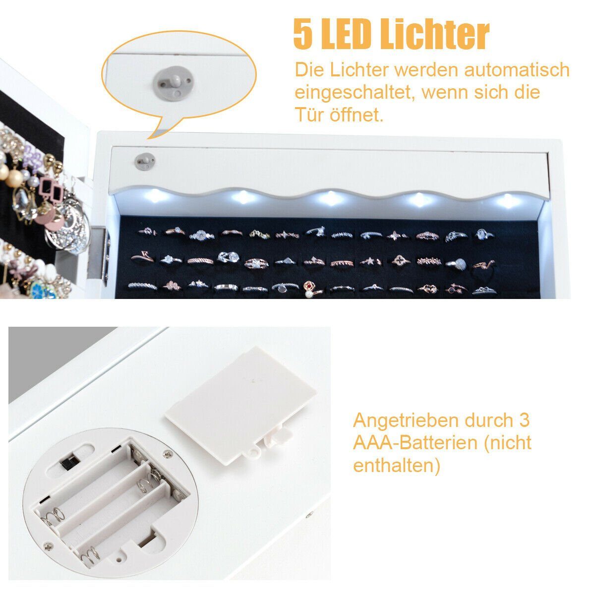 COSTWAY Schmuckschrank mit LED & Ganzkörperspiegel, für Tür und Wand mit LED & Ganzkörperspiegel, für Tür und Wand – Bild 4 von 5