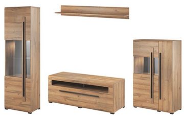 Helvetia Wohnwand Toro, (1 Vitrine - 1 Highboard - 1 Lowboard - 1 Wandregal, 4-St., Metallgriffe in schwarz, ohne Beleuchtung), 290x39x50x204 cm Eiche Grandson 4 Teilig