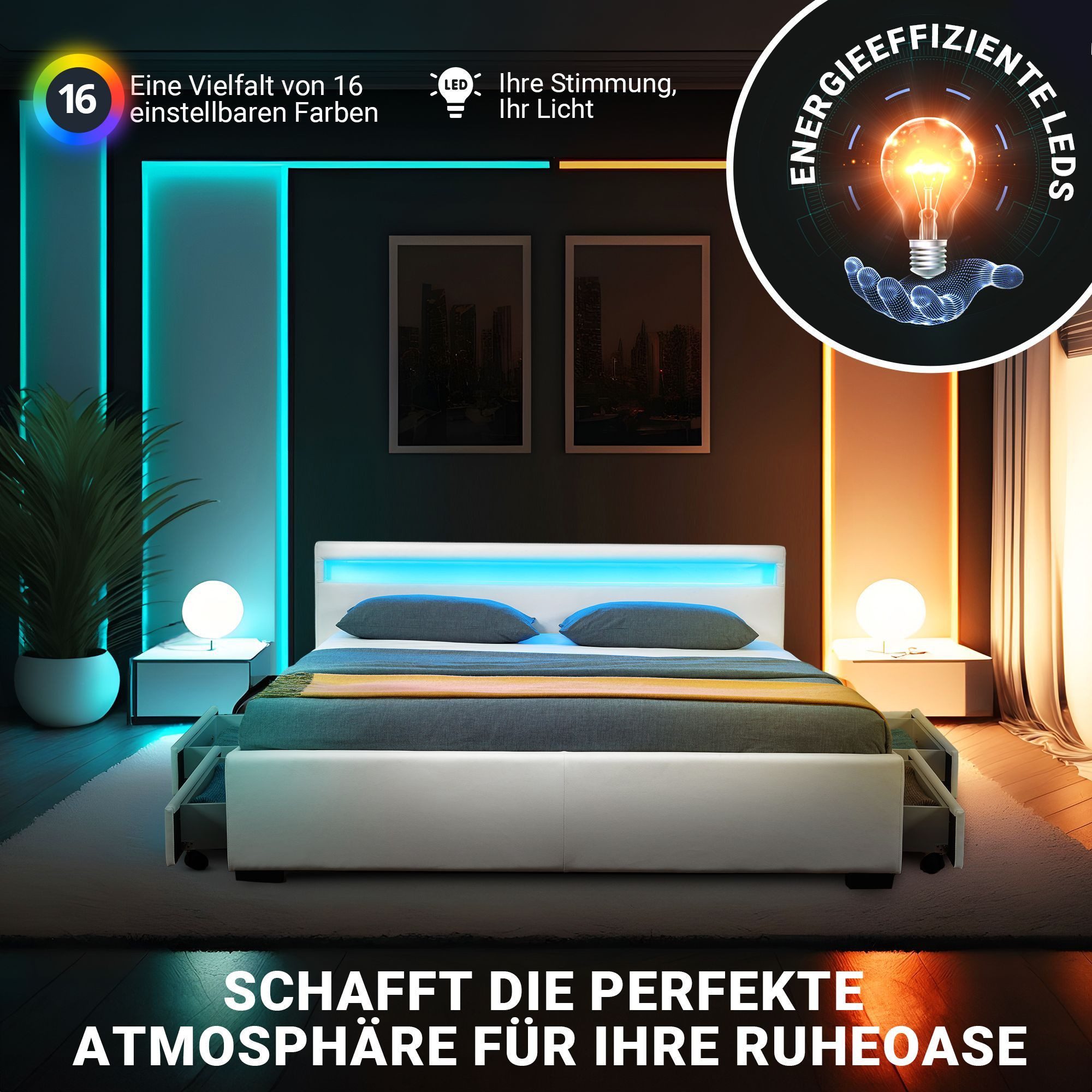 Juskys Polsterbett Lyon, 140x200 cm, ausziehbare Bettkästen, LED-Licht, gepolstertes Kopfteil