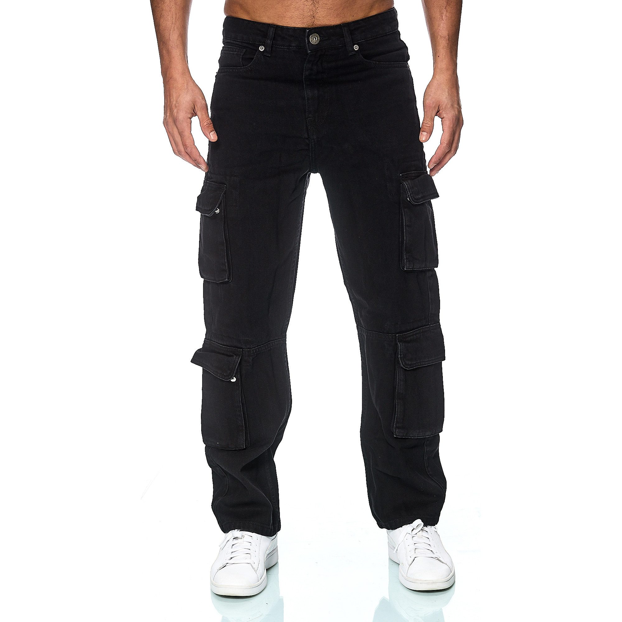 iKENNAS Cargojeans Herren Jeans Cargohose Baggy Loose Hose l (7006-1) Schwarz W32 / L32