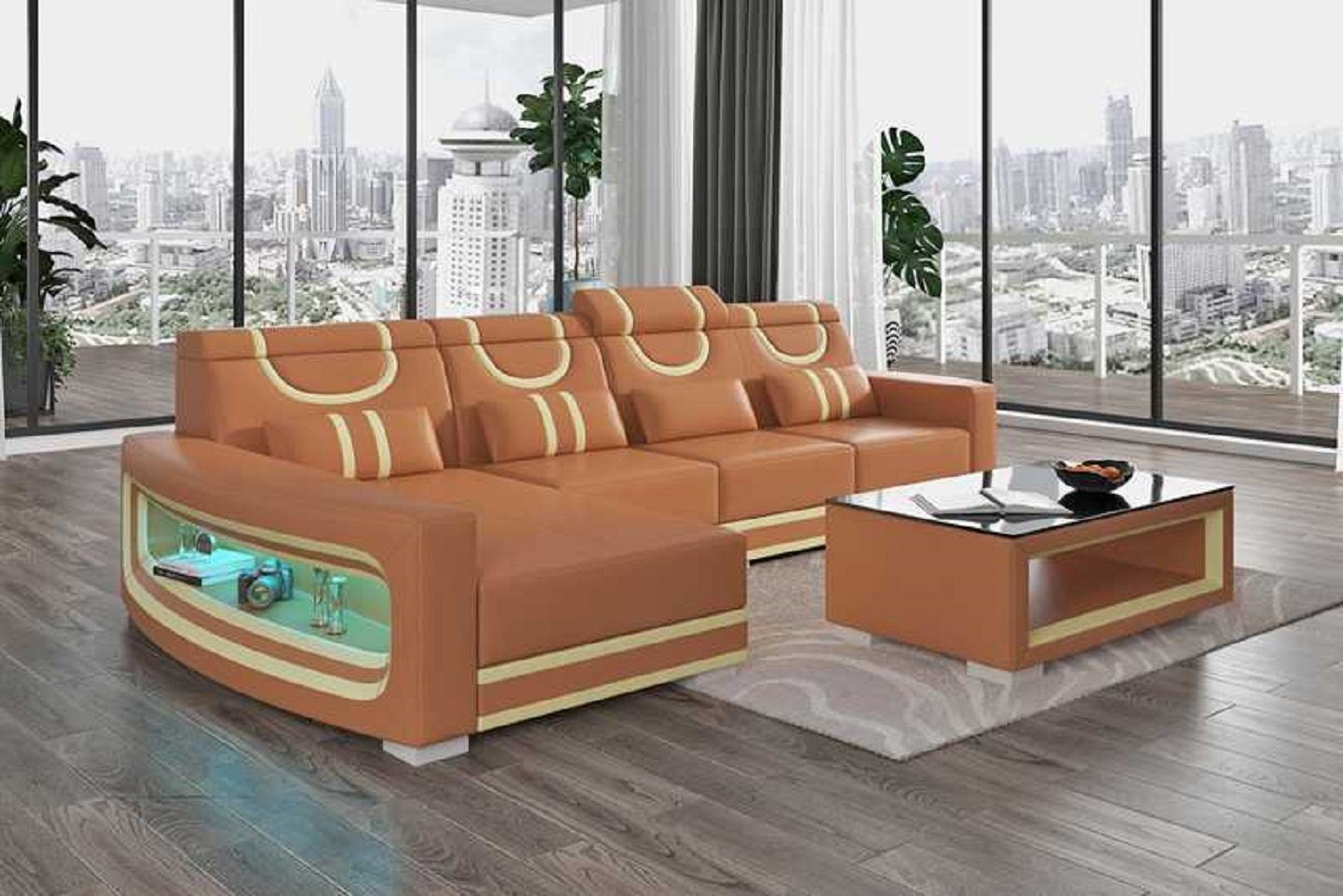 Ecksofa Europe Teile, Sofa Orange Liege Form 3 Braun Sofas Ecksofa Couchen, Modern Ledersofa L JVmoebel in Luxus Made