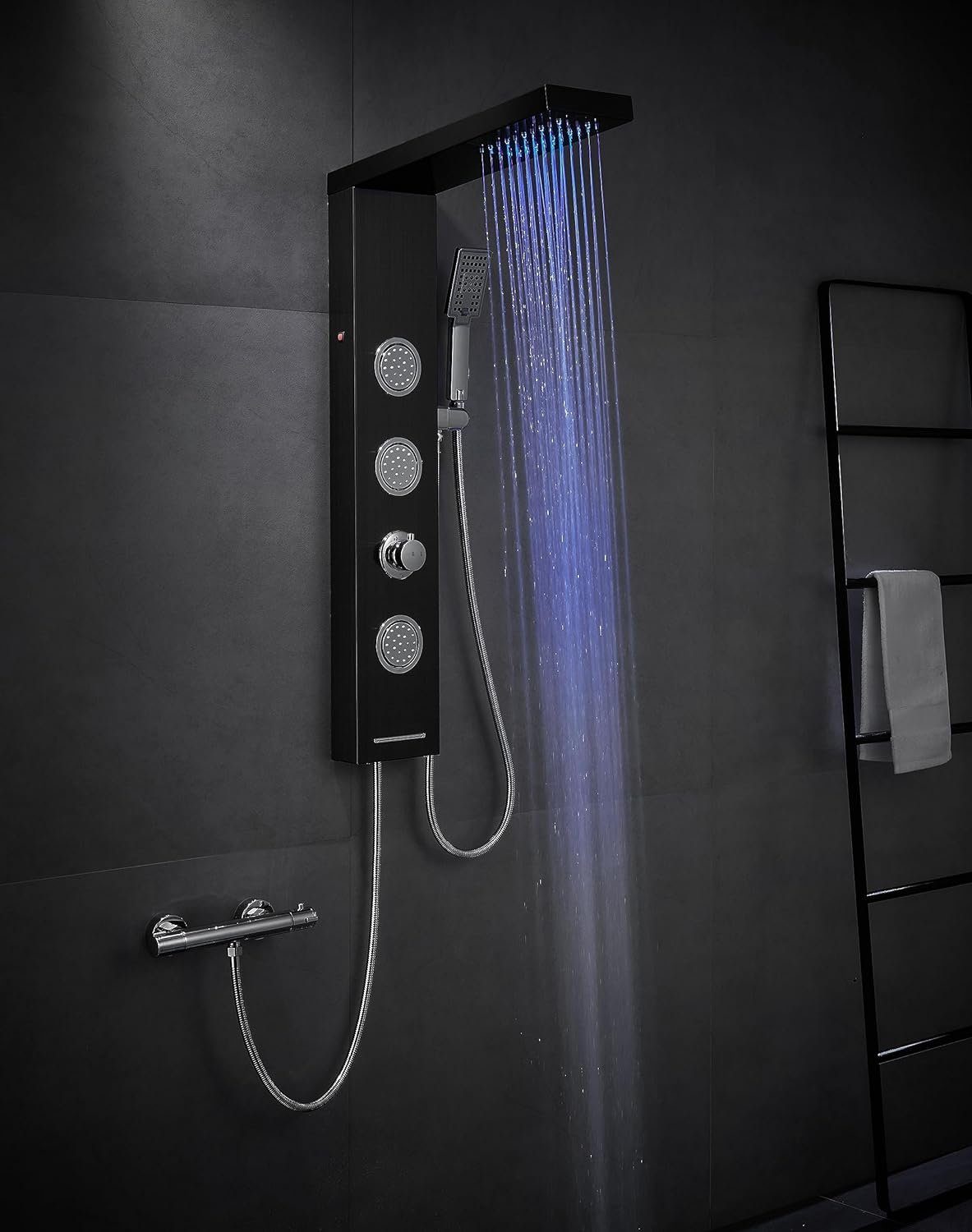 OUGOO Duschsystem LED Duschpaneel ohne Armatur, 4 Funktionen Duschsäule, mit Regendusche Massagedüsen Handbrause und Wanneneinlauf ausEdelstahl