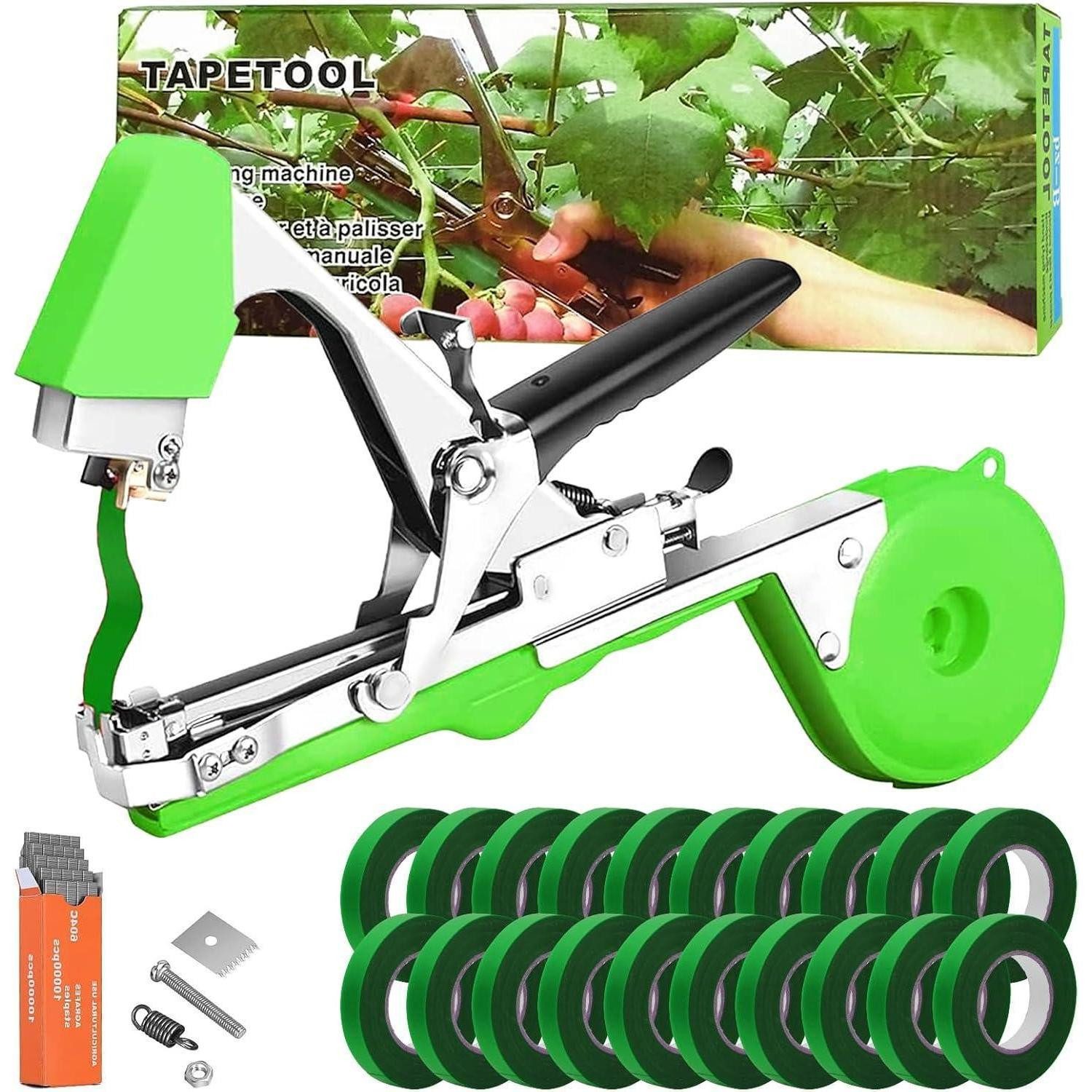 LuxusKollektion Gartenpflege-Set Pflanzenbindemaschine mit Nägeln und grünem Klebeband - Bindezange für