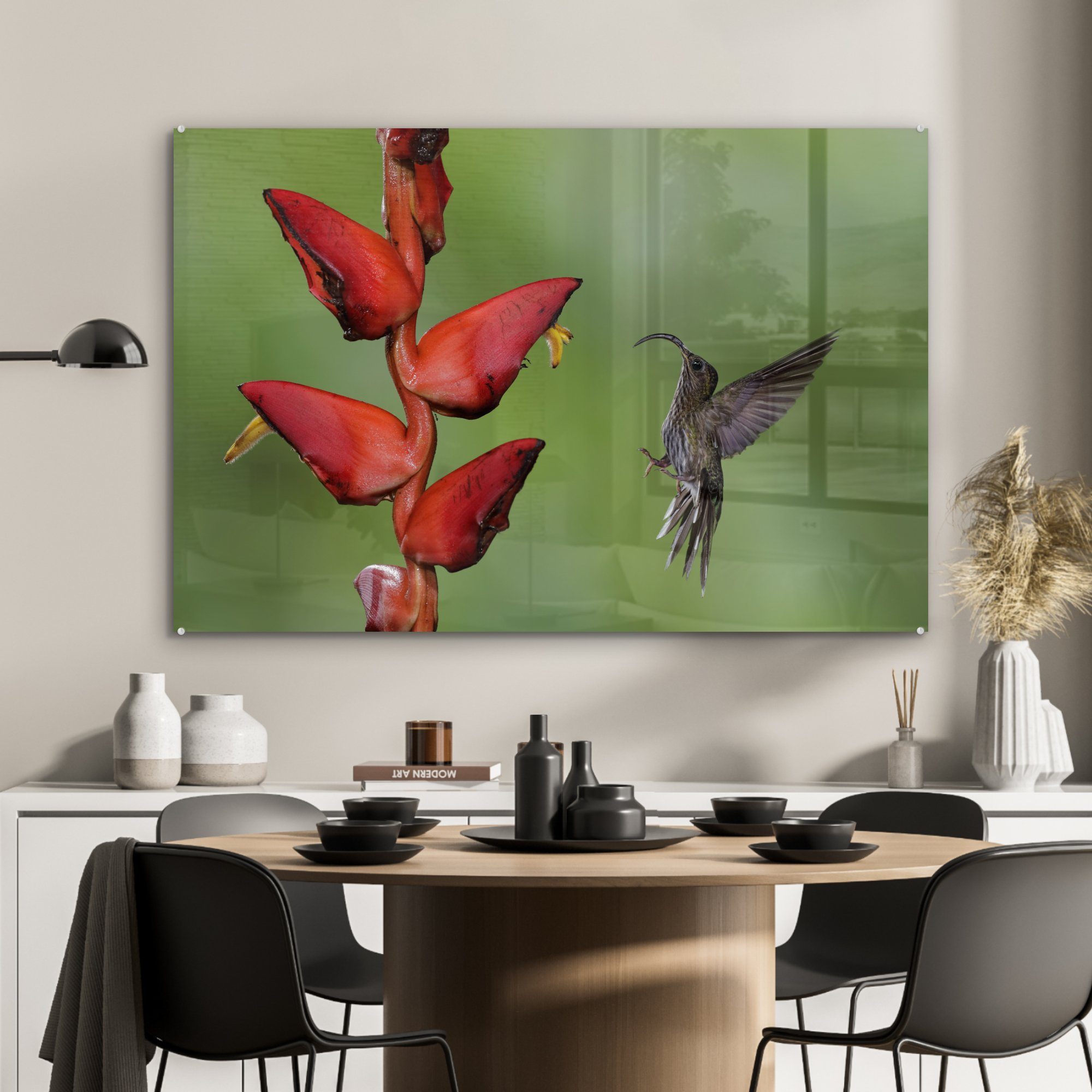 fliegender Nähe Hakennasenkolibri Wohnzimmer & MuchoWow Schlafzimmer einer Ein der roten St), in Acrylglasbilder (1 Acrylglasbild Blume,
