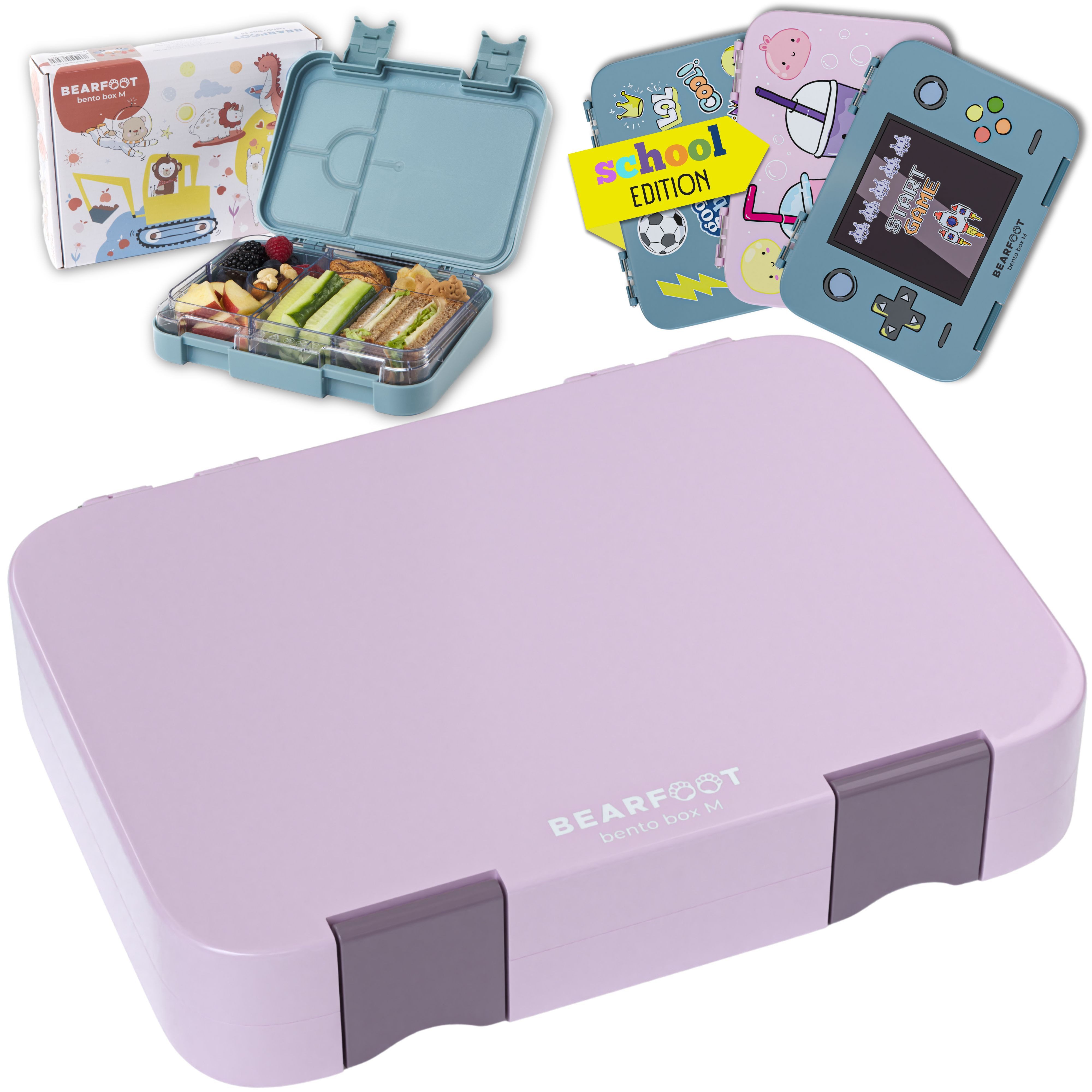 BEARFOOT Lunchbox Brotdose Kinder mit Fächern, Lunchbox, Bento box - Lila, handgezeichnete Designs, modular