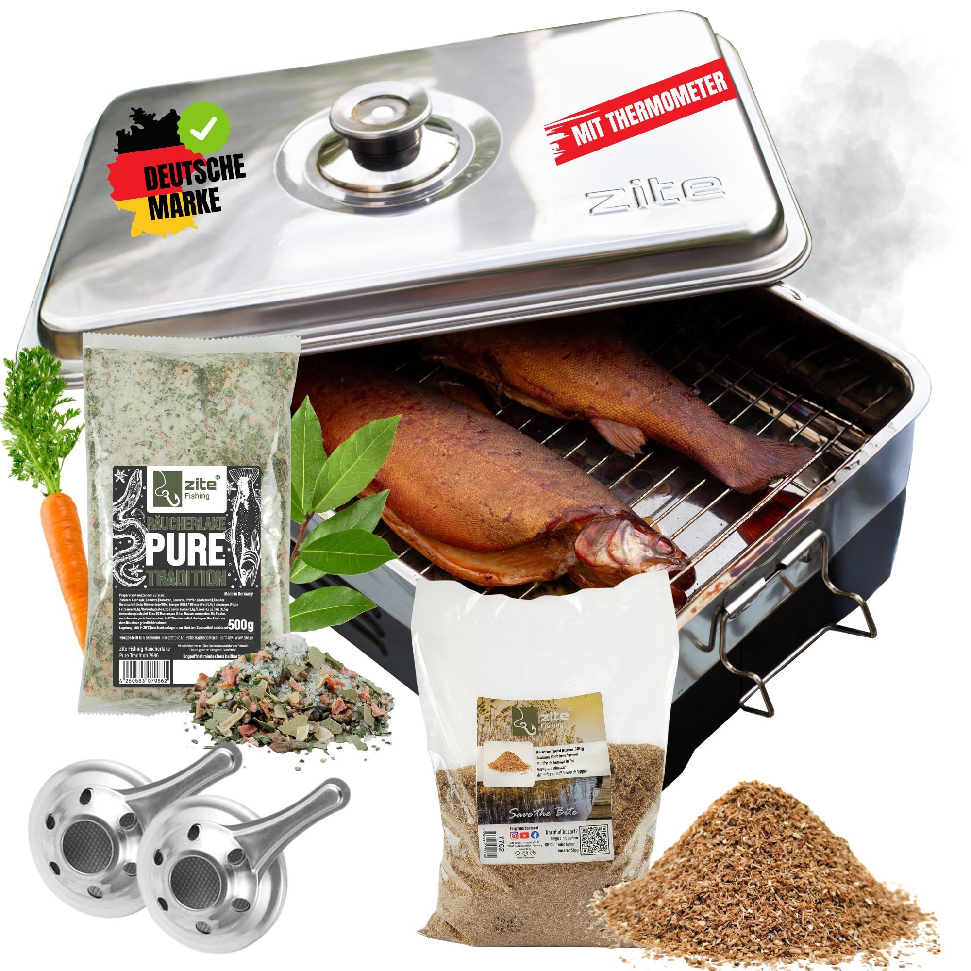 Zite Räucherofen Tisch-Räucherofen mit Räuchermehl & Räucherlake für Forelle Räuchern, Starterset