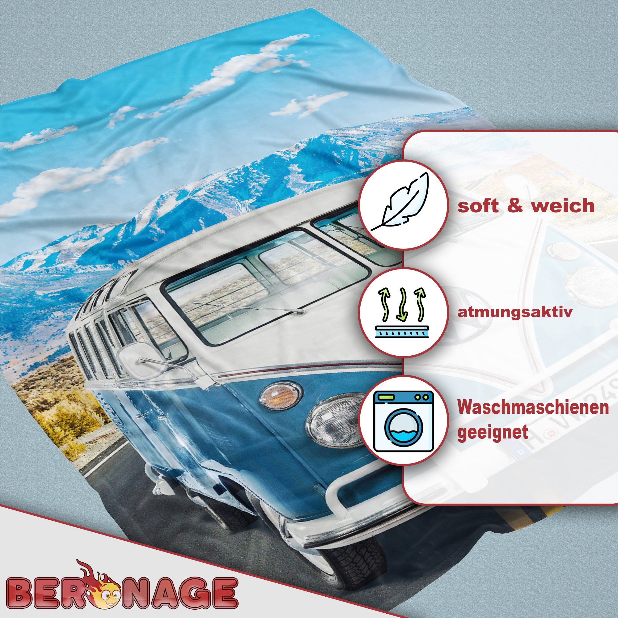 BERONAGE Tagesdecke Volkswagen Decke VW Bulli T1 Adventure Blau 150x200 cm Kuscheldecke, passend zur Bettwäsche, ideal für Sofa, Couch, Bett, Auto, Camping