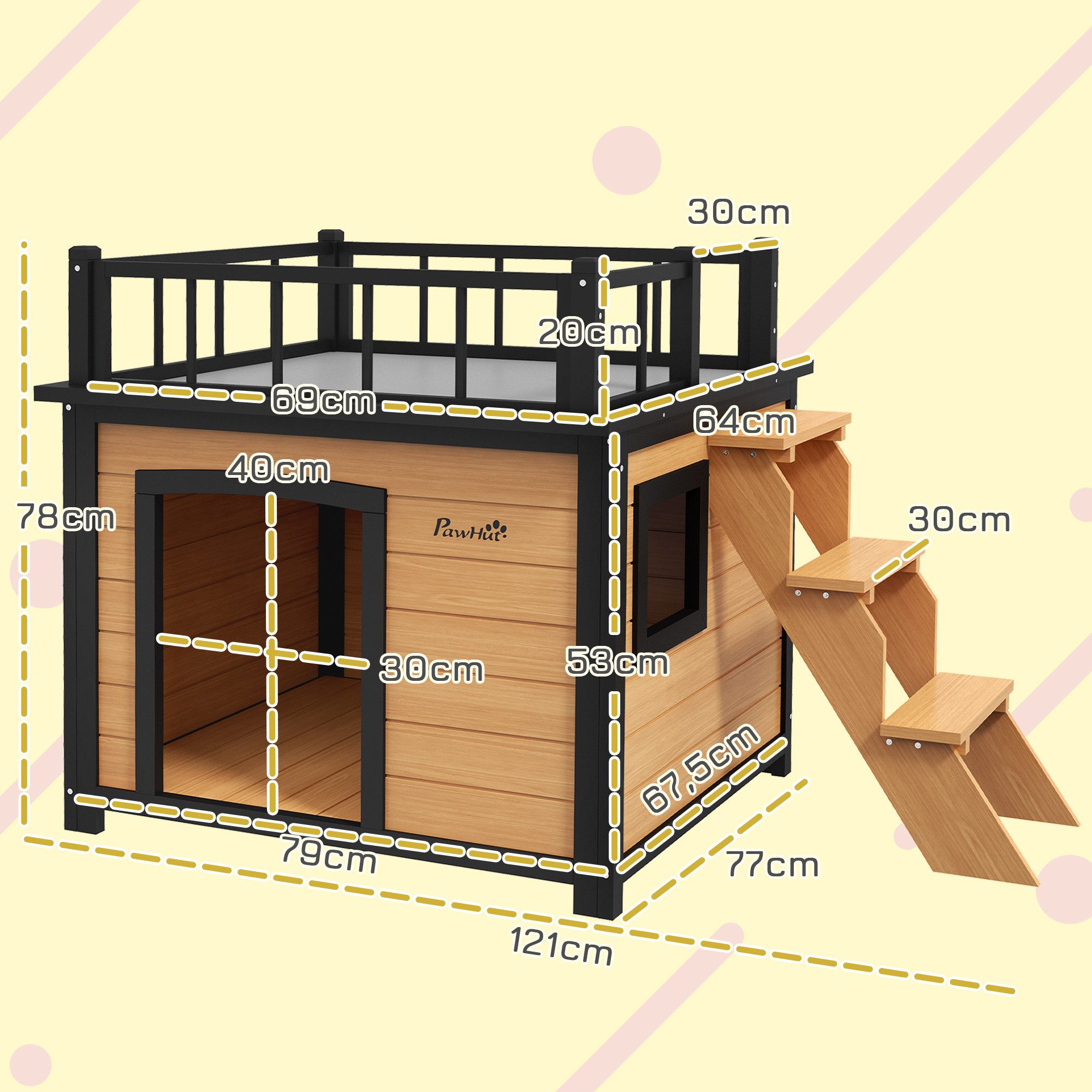 PawHut Hundehütte Hundehaus, Erhöhtes Kleintierhaus mit Treppe, Fenster, Hundehöhle, für Garten, Balkon, Gelb