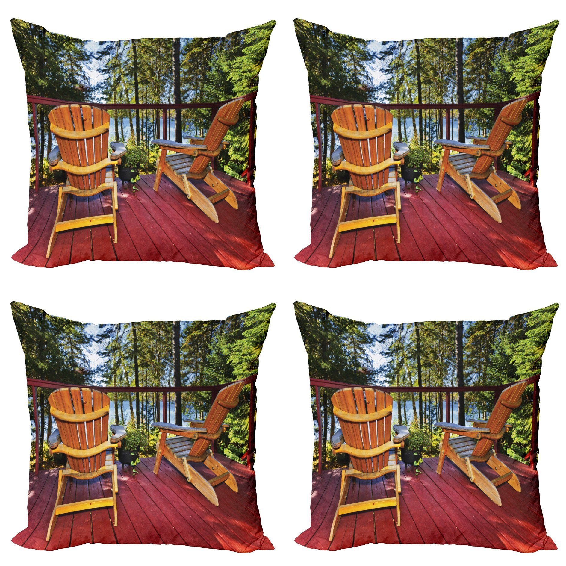 Kissenbezüge Modern Accent Doppelseitiger Digitaldruck, Abakuhaus (4 Stück), Wald Adirondack Stühle auf Veranda | Kissenbezüge