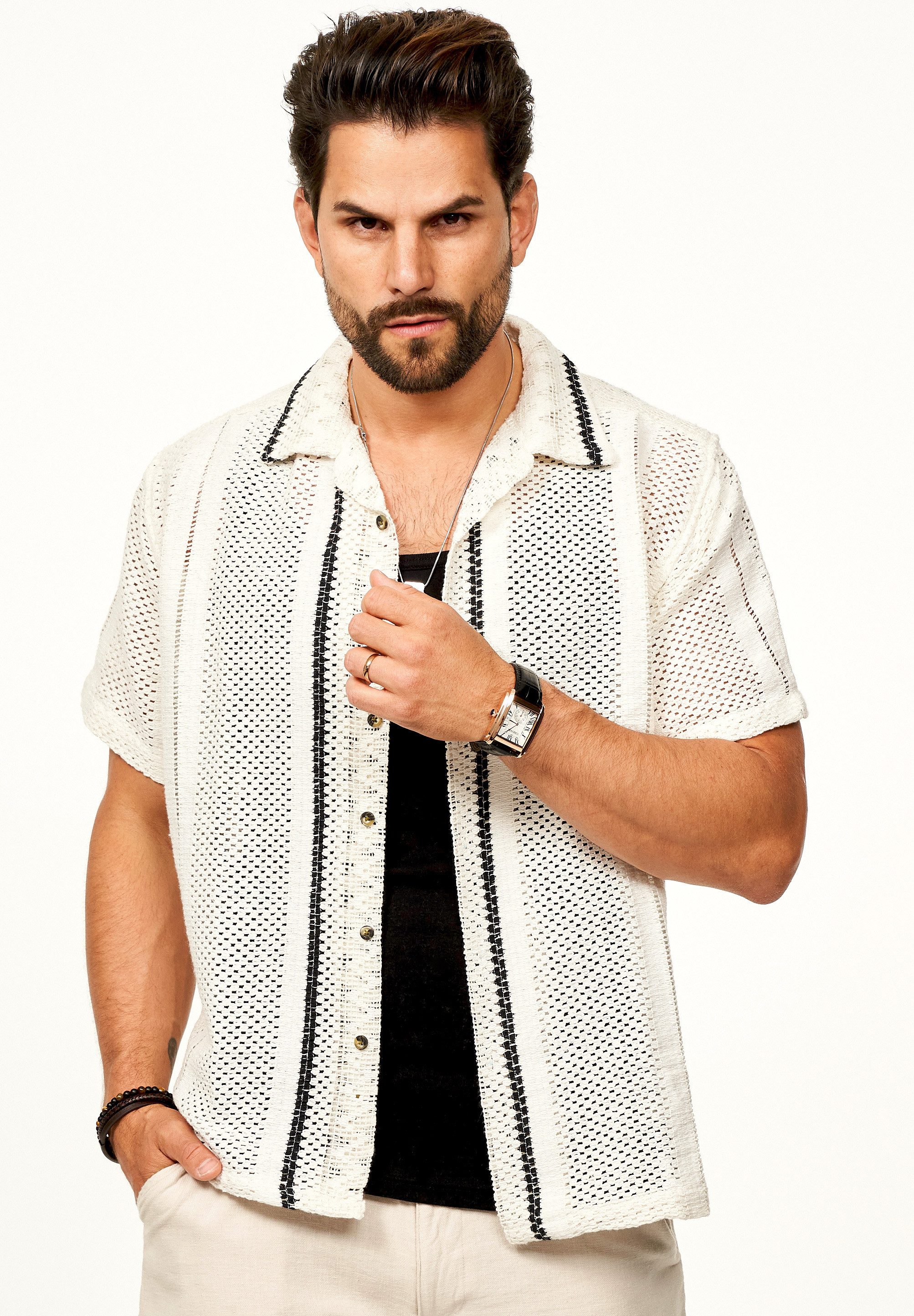 SOULSTAR Kurzarmhemd Gestreift - Freizeithemd als Kurzam Strick Retro Hemd Herren Strick Polo-Hemd Overshirt im Regular-Fit T-Shirt – Bild 4 von 5