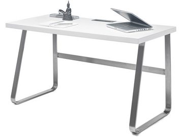 möbelando Schreibtisch Boise, Moderner Schreibtisch, Gestell aus Metall in gebürsteter Edelstahloptik, Tischplatte aus MDF Weiß matt lackiert. Breite 140 cm, Höhe 75 cm, Tiefe 60 cm