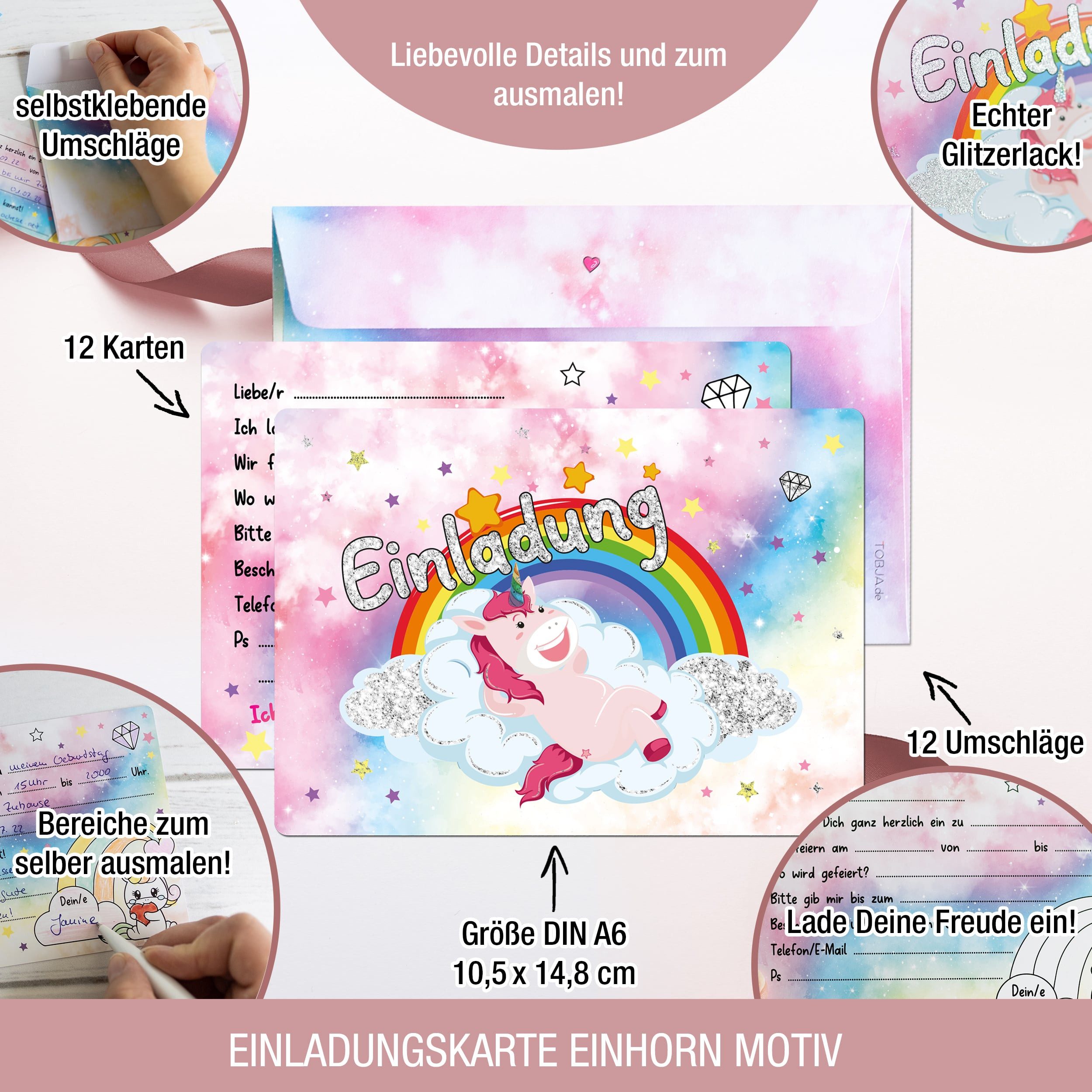 TOBJA Einladungskarten 12x Einladungskarte Einhorn Glitzer inkl Umschläge, Partyeinladungen A6 (10,5 x 14,8 cm) Postkarten