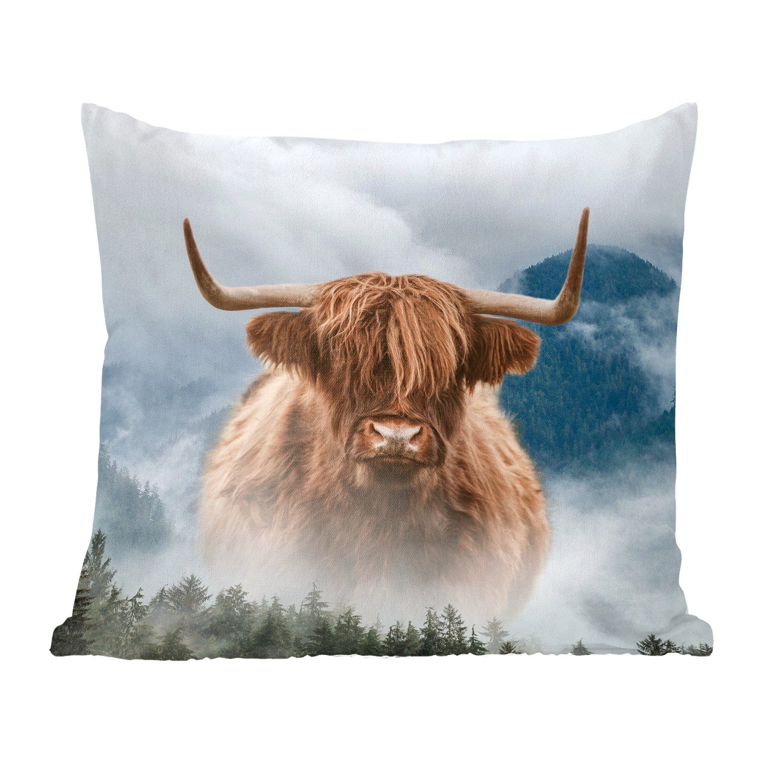 MuchoWow Dekokissen Schottischer Highlander - Nebel - Berg, Zierkissen mit Füllung für Wohzimmer, Schlafzimmer, Deko, Sofakissen