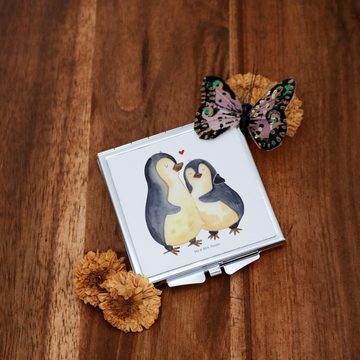 Mr. & Mrs. Panda Kosmetikspiegel Pinguin umarmen - Weiß - Geschenk, Seevogel, Handtasche, Paar, Liebes (1-St), Magisch verziert