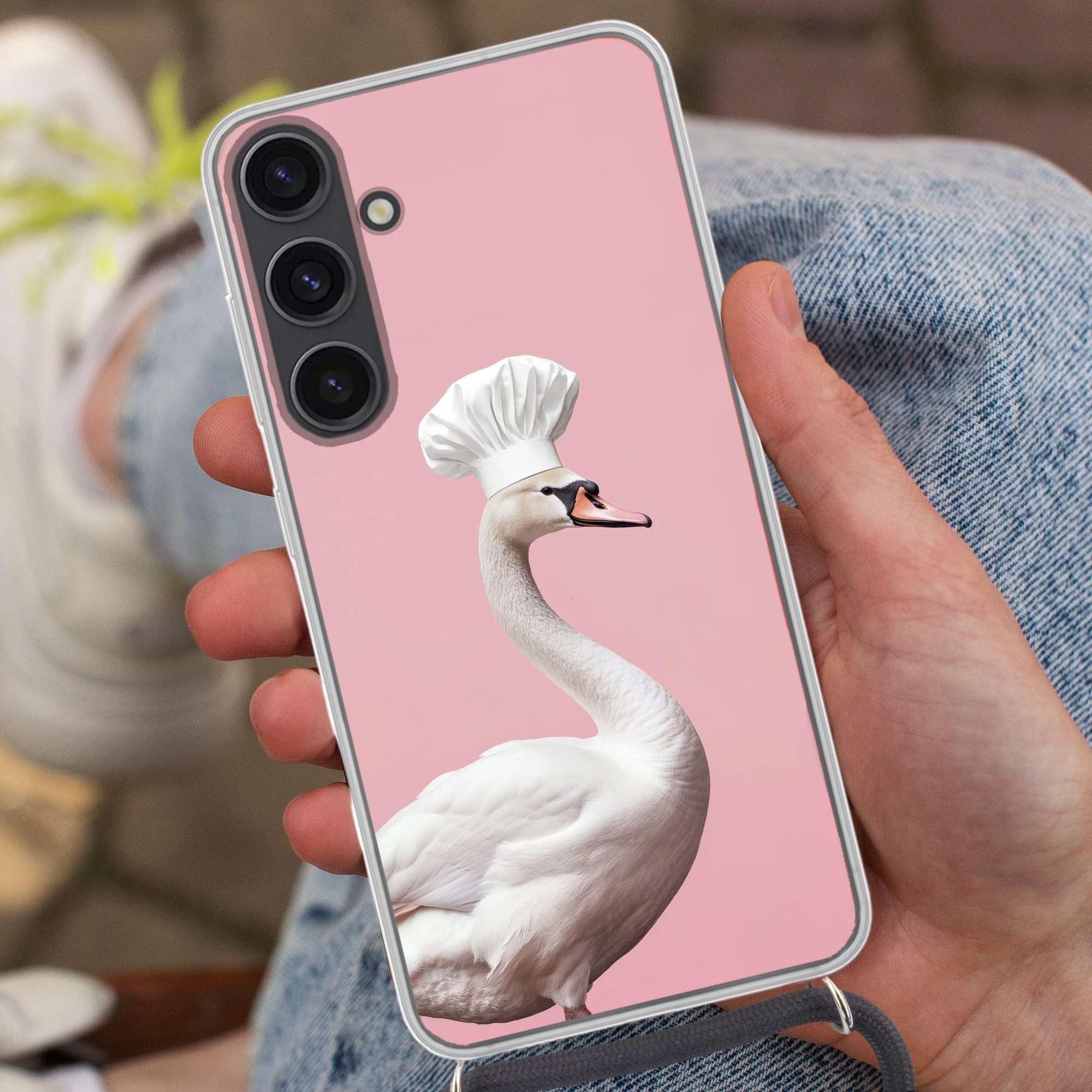 MuchoWow Handyhülle für Samsung Galaxy S24 Plus Schwan - Kochmütze - Schön - Klassisch, Tragbare Handyhüllen mit Kette zum umhängen, Handykette Handyband