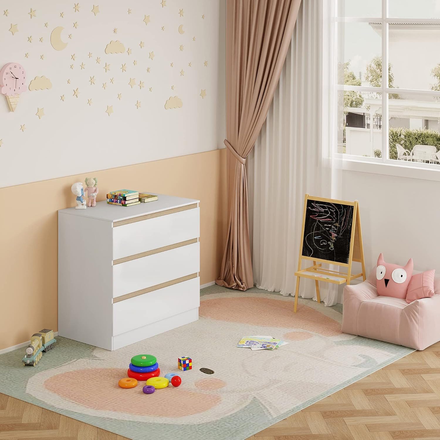 Woltu Wickelkommode, mit 3 Schubladen platzsparend 80x78x48cm, Weiß + Eiche