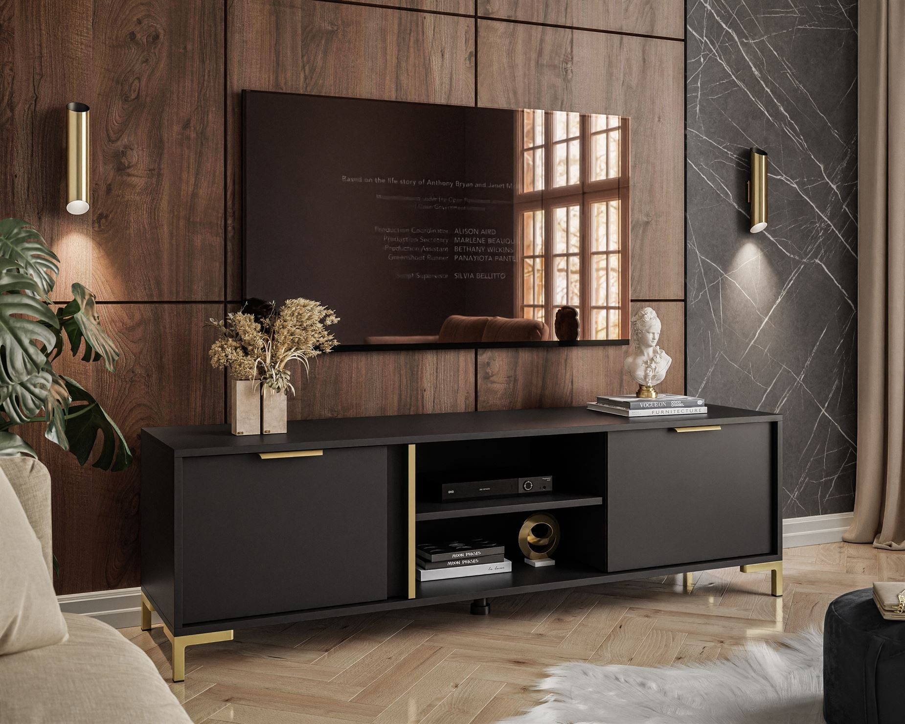 ALLHOUSE24 TV-Board LARA Anthrazit 2 Türen + 2 offene Fächer Goldgriffe Kabeldurchlass (1x TV Schrank), Breite 153 cm