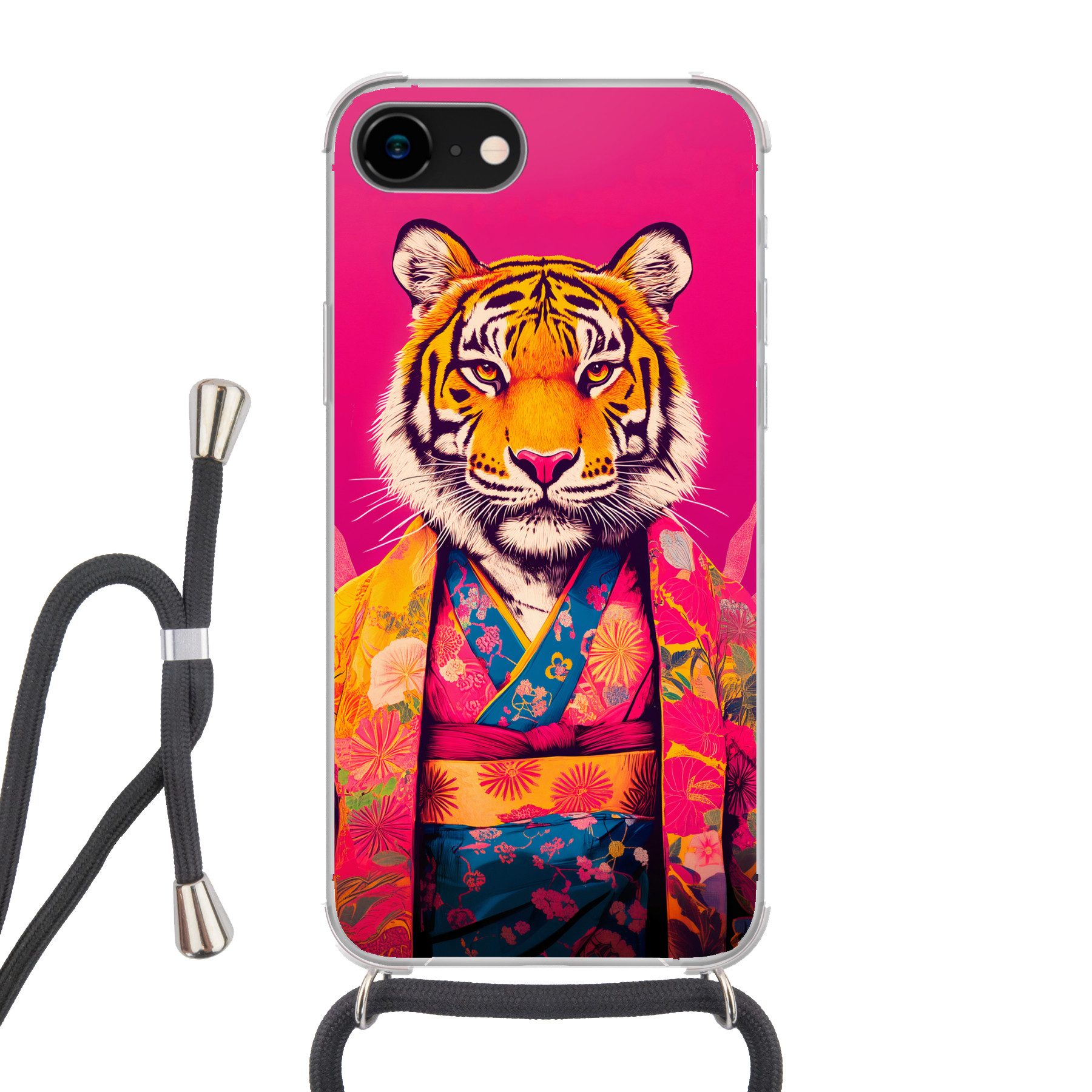MuchoWow Handyhülle für Apple iPhone 7 Tiger - Kimono - Pflanzen - Rosa, Tragbare Handyhüllen mit Kette zum umhängen, Handykette Handyband