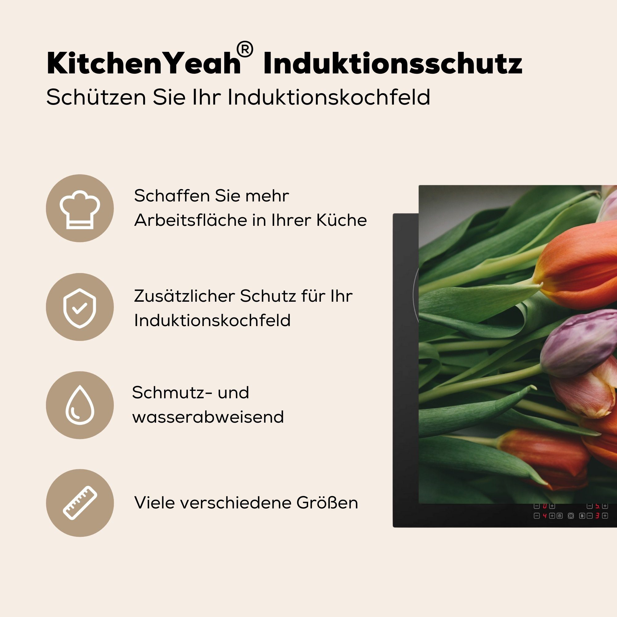 MuchoWow Herdblende-/Abdeckplatte Schutz Ceranfeldabdeckung küche, Induktionskochfeld Tulpen - Vinyl, - Zitat, 81x52 Blumen die cm, für (1 tlg)