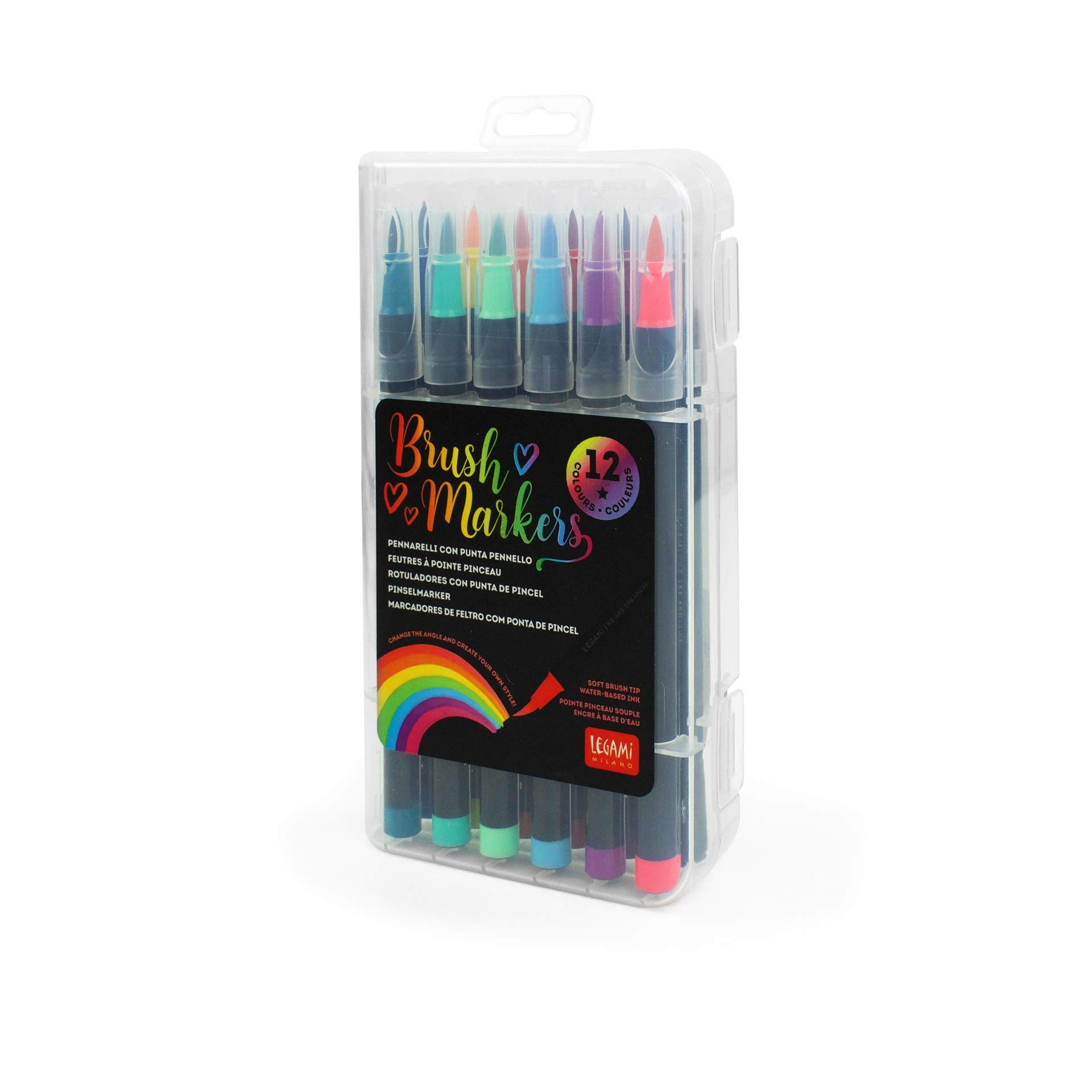 Legami Filzstift 12er Set Filzstifte mit Pinselspitze, Markerdurchmesser 1 cm, Flexible Nylonfaserspitze, für flüssige Züge und variable Breiten