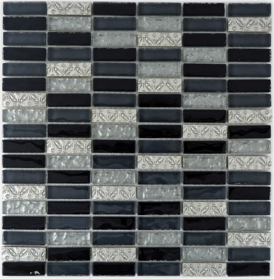 Mosani Mosaikfliesen Glasmosaik Resin grau Matten 10 / Mosaik schwarz glänzend