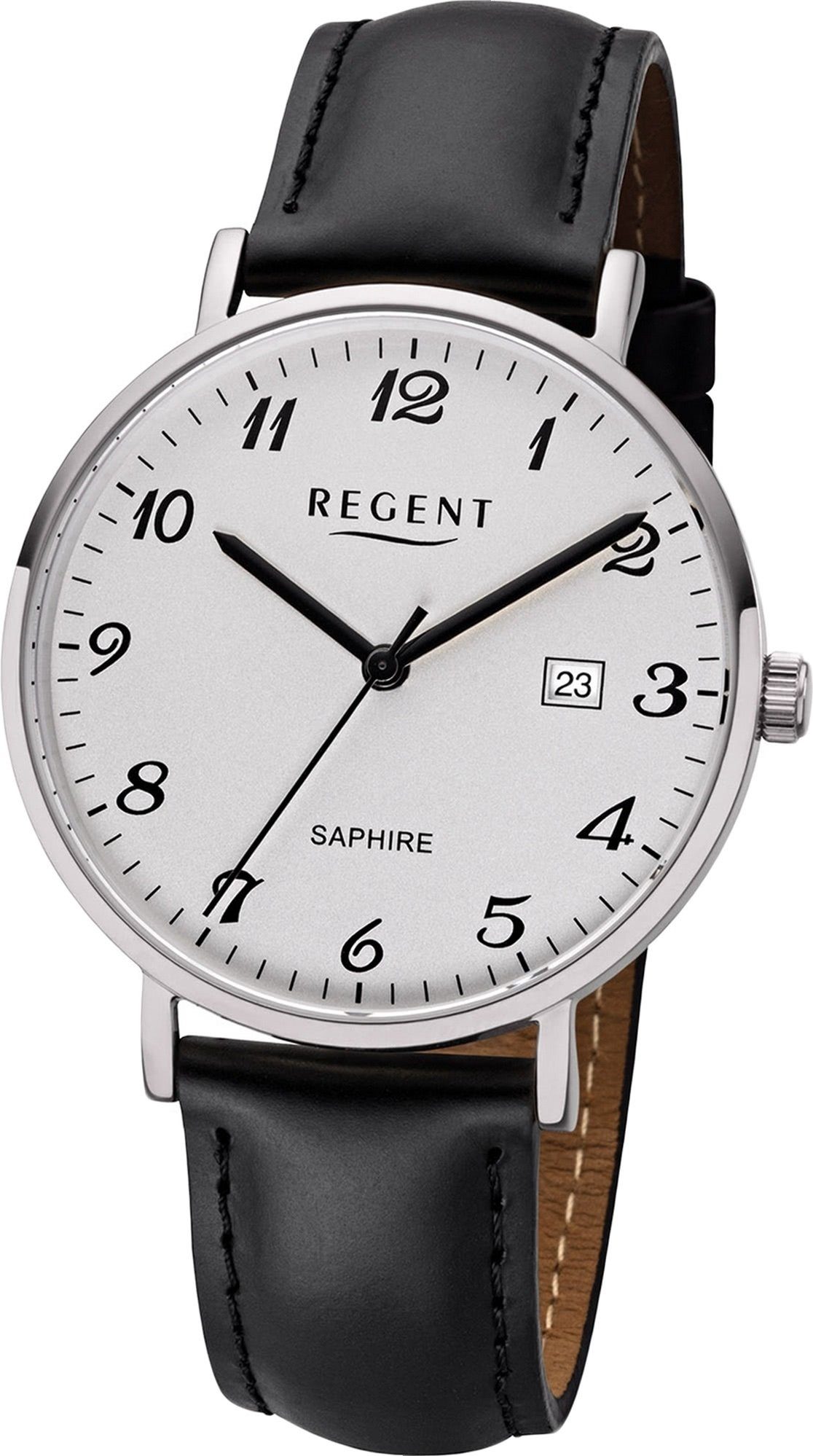Regent Quarzuhr Regent Leder Herren Uhr F-1229 Analog, Herrenuhr Lederarmband schwarz, rundes Gehäuse, mittel (ca. 38mm)
