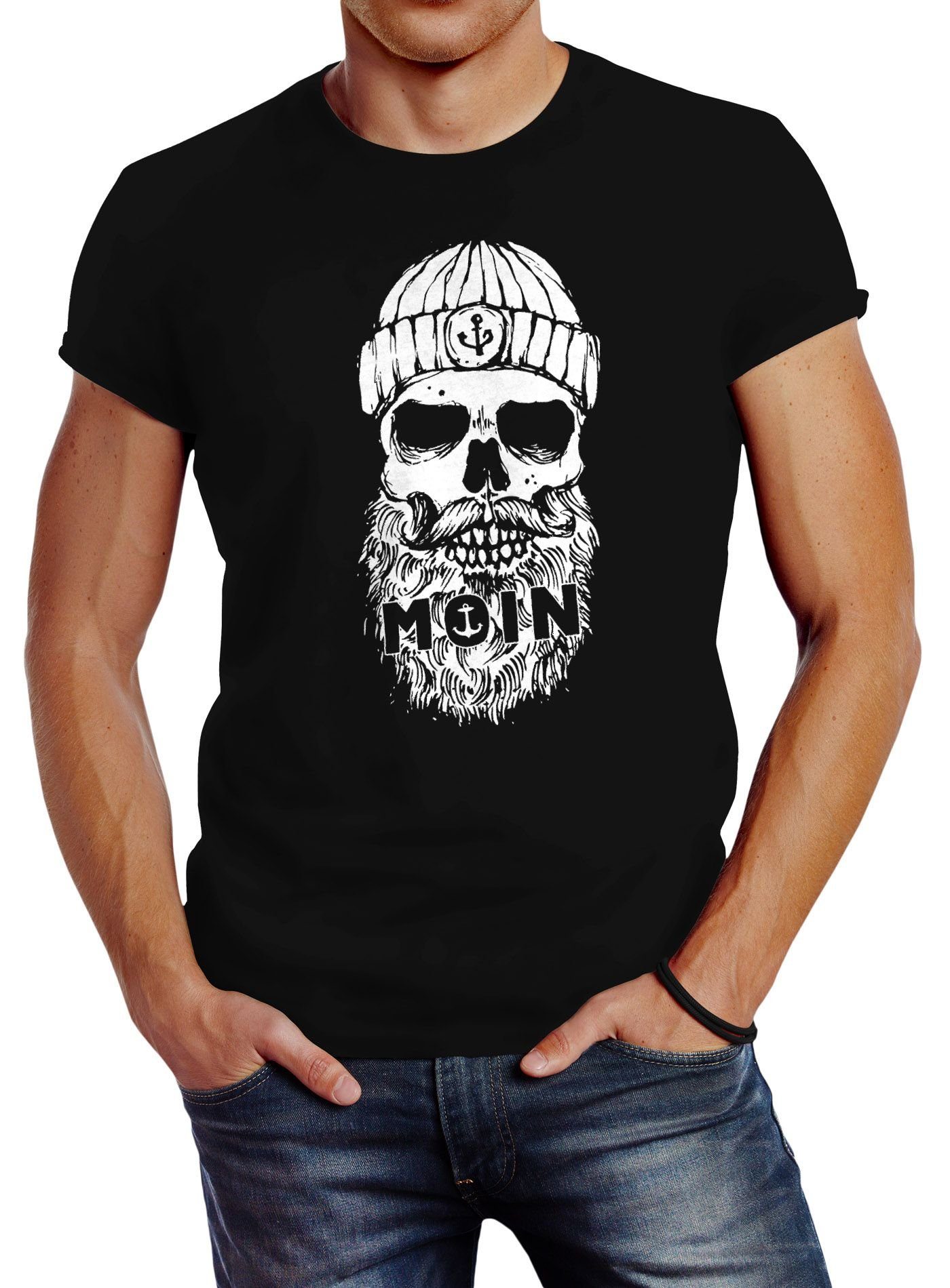 Neverless Print Print-Shirt Motiv T-Shirt Herren Skull mit Neverless® Totenkopf Anker Print Moin Bart